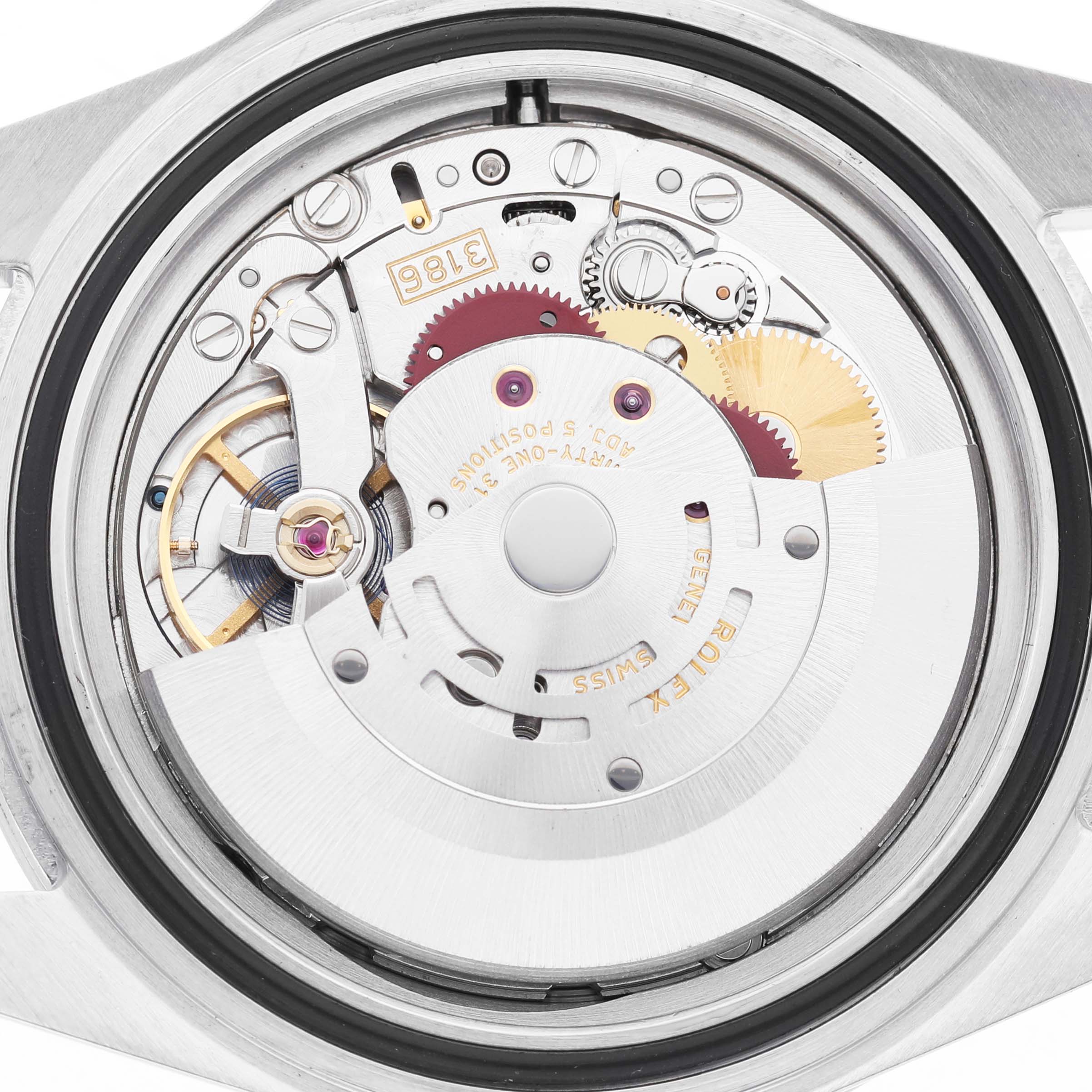 This image shows the movement of a Rolex Explorer 16570 Men's Stainless Steel Black Dial watch from the back, displaying gears and intricate mechanisms.