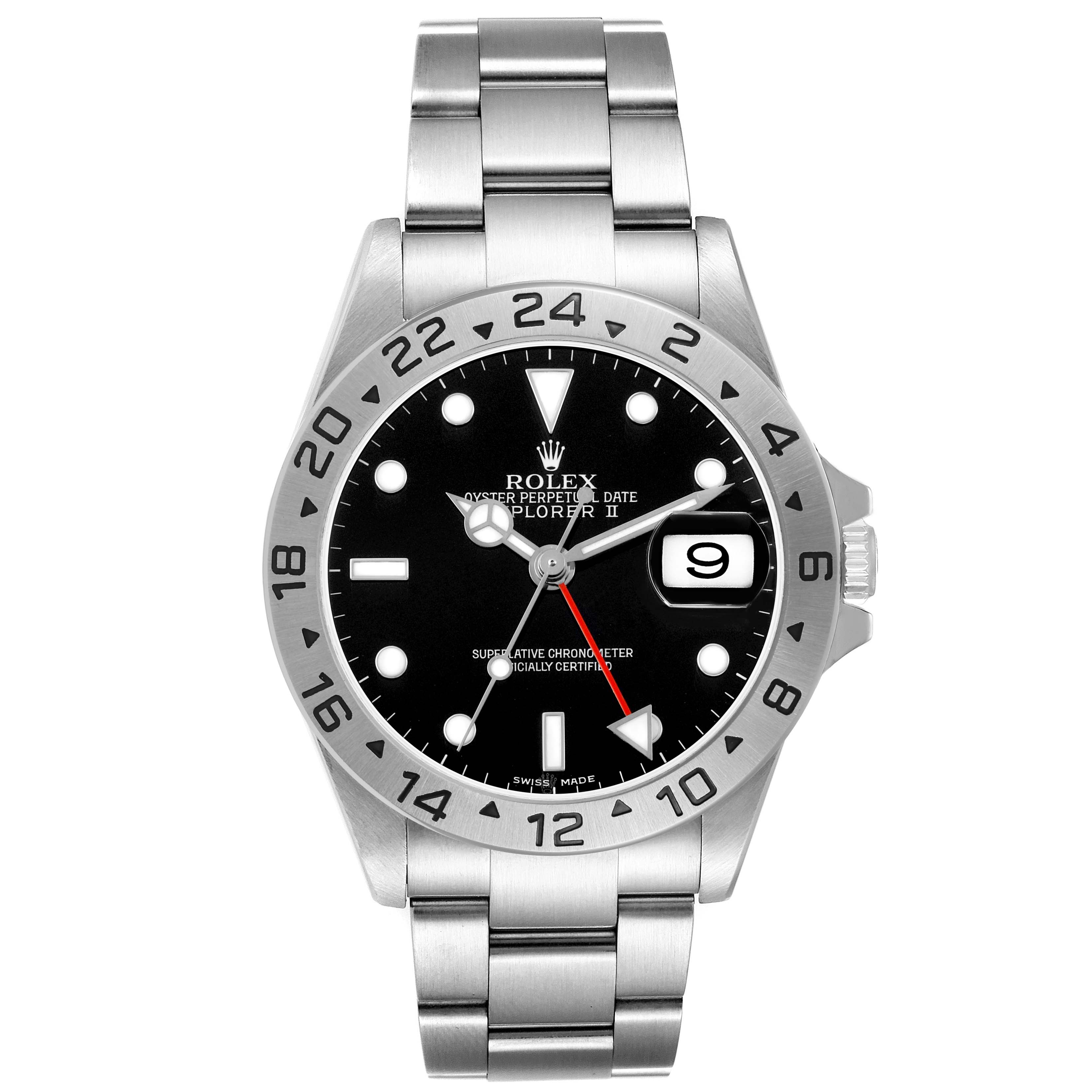 The Rolex Explorer 16570 Men's Stainless Steel Black Dial model watch is shown from the front, displaying its face, bezel, bracelet, and crown.