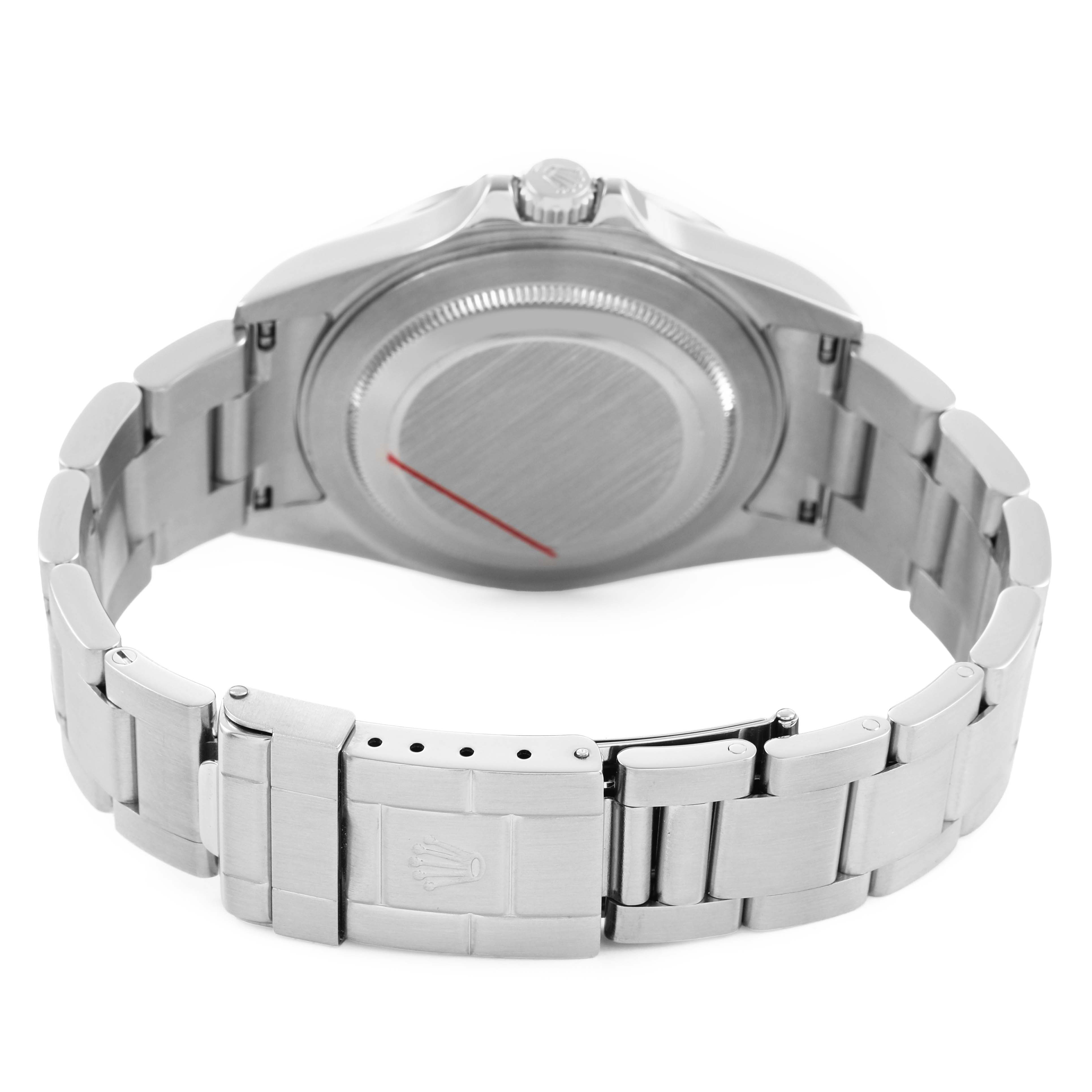 The image shows the back view of a Rolex Explorer 16570 Men's Stainless Steel Black Dial watch, highlighting its case back, bracelet, and clasp.