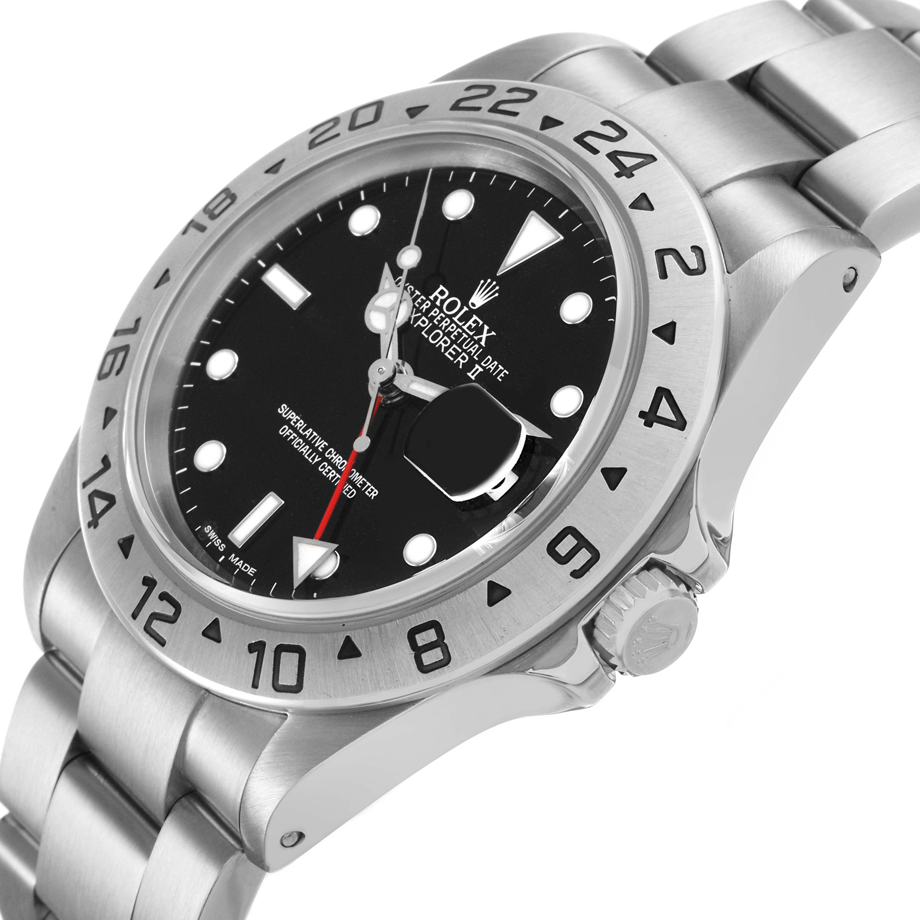 The Rolex Explorer 16570 Men's Stainless Steel Black Dial watch is shown at an angle displaying the bezel, crown, face, and part of the bracelet.