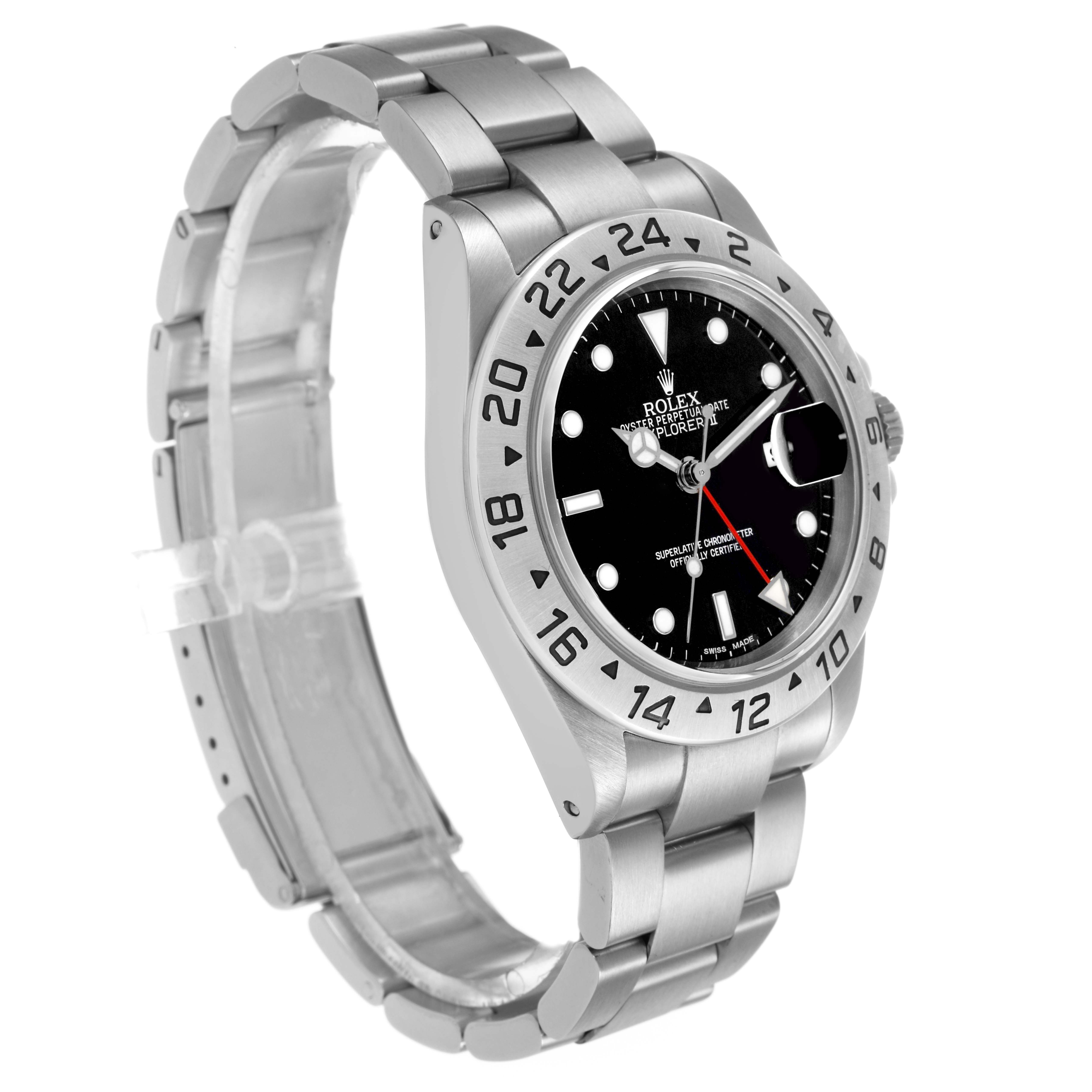 The Rolex Explorer 16570 Men's Stainless Steel Black Dial model is shown at a three-quarter angle, highlighting the bezel, dial, bracelet, and crown.