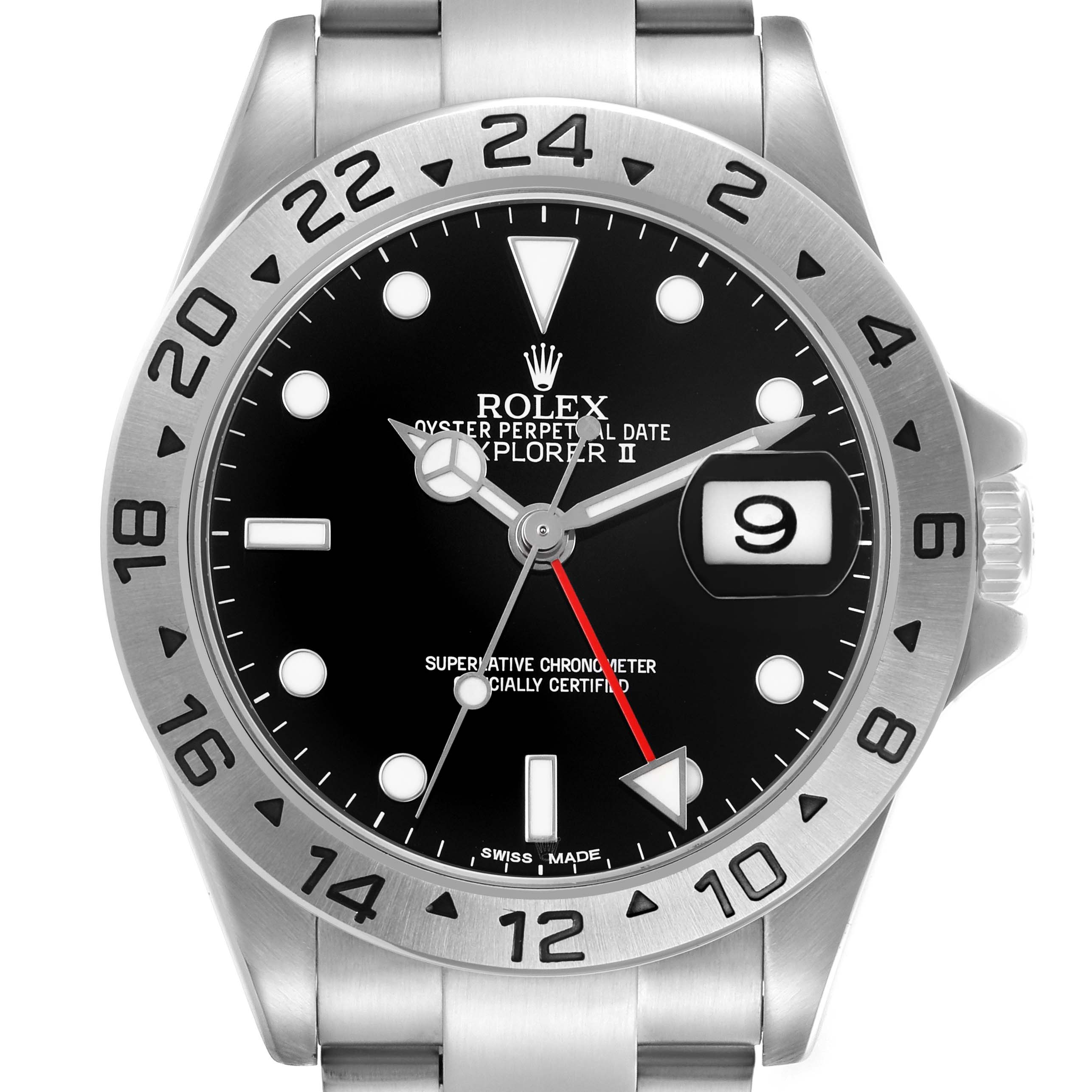 The Rolex Explorer 16570 Men's Stainless Steel Black Dial watch is shown from a straight-on angle, highlighting the dial, bezel, and part of the bracelet.
