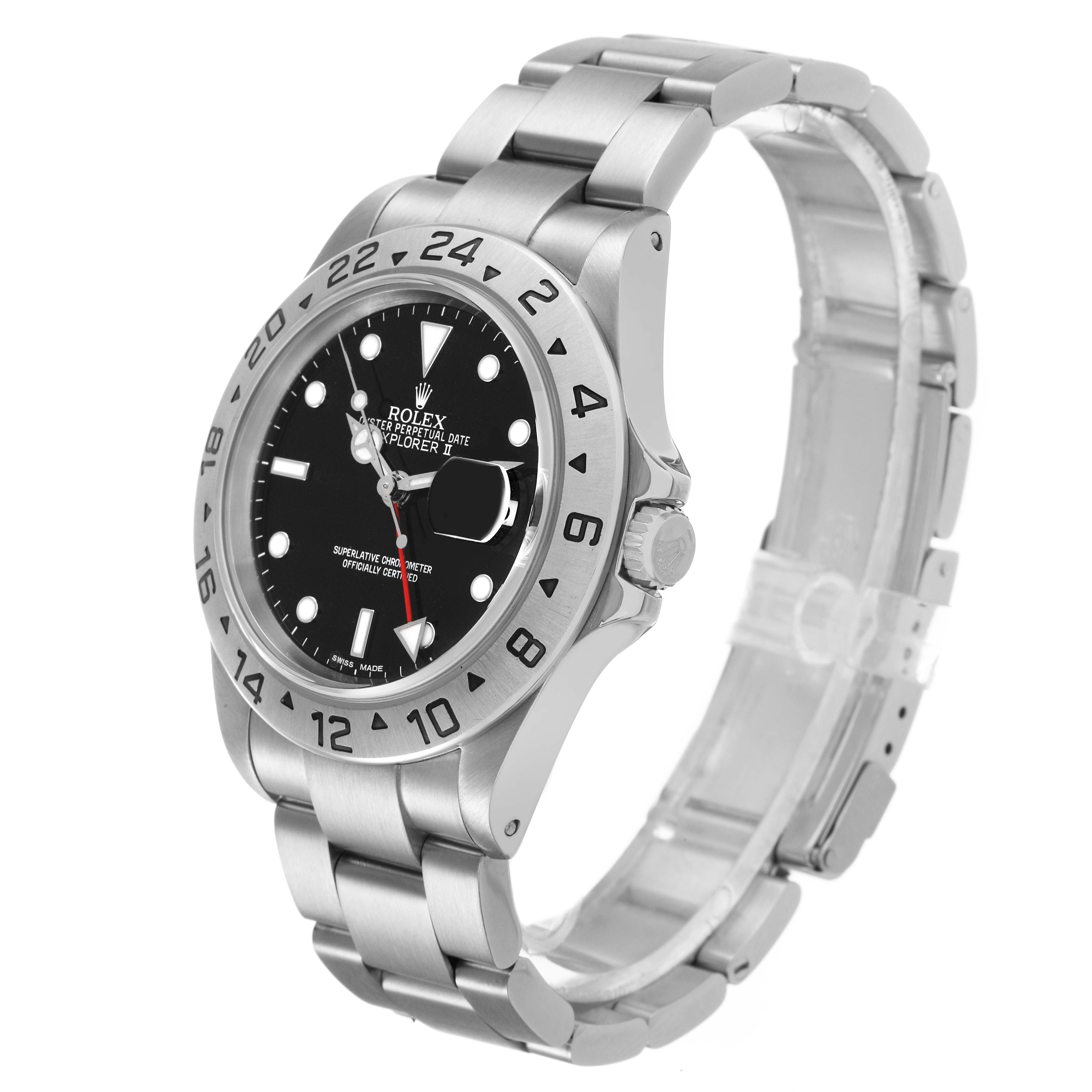 This image shows a Rolex Explorer 16570 Men's Stainless Steel Black Dial watch at a slight side angle, highlighting the bezel, bracelet, and crown.