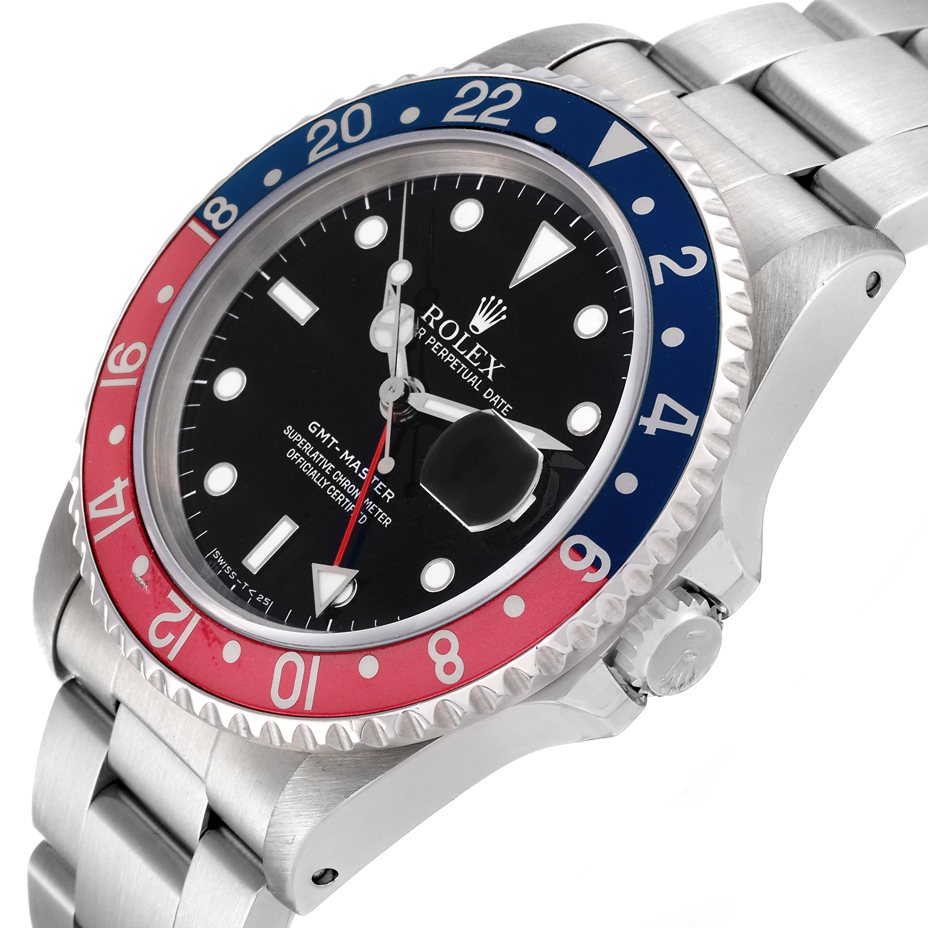 The image shows a side angle view of the Rolex GMT-Master 16700 Men's Stainless Steel Black Dial 16700 Men's Stainless Steel Black Dial watch, highlighting the bezel, dial, and bracelet.