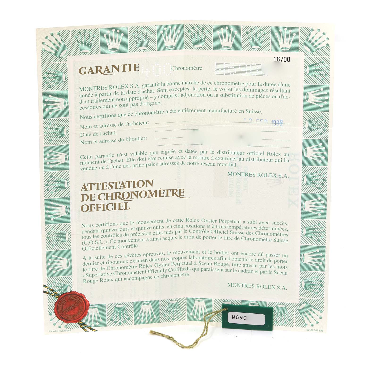 This image shows the official guarantee certificate and chronometer certification for the Rolex GMT-Master 16700 Men's Stainless Steel Black Dial 16700 Men's Stainless Steel Black Dial watch.