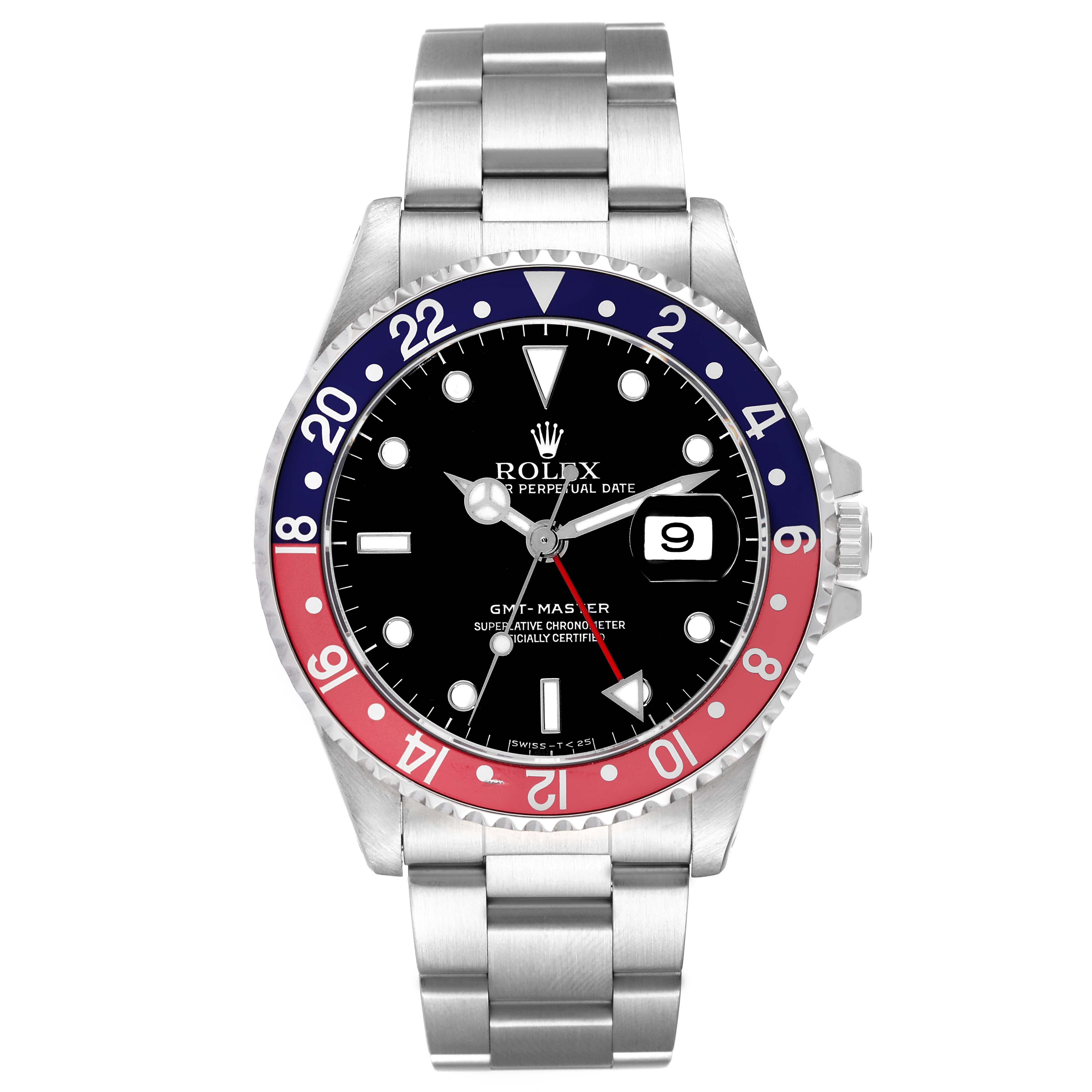 The Rolex GMT-Master 16700 Men's Stainless Steel Black Dial 16700 Men's Stainless Steel Black Dial watch is shown from the front, displaying the black dial, red and blue bezel, and stainless steel bracelet.
