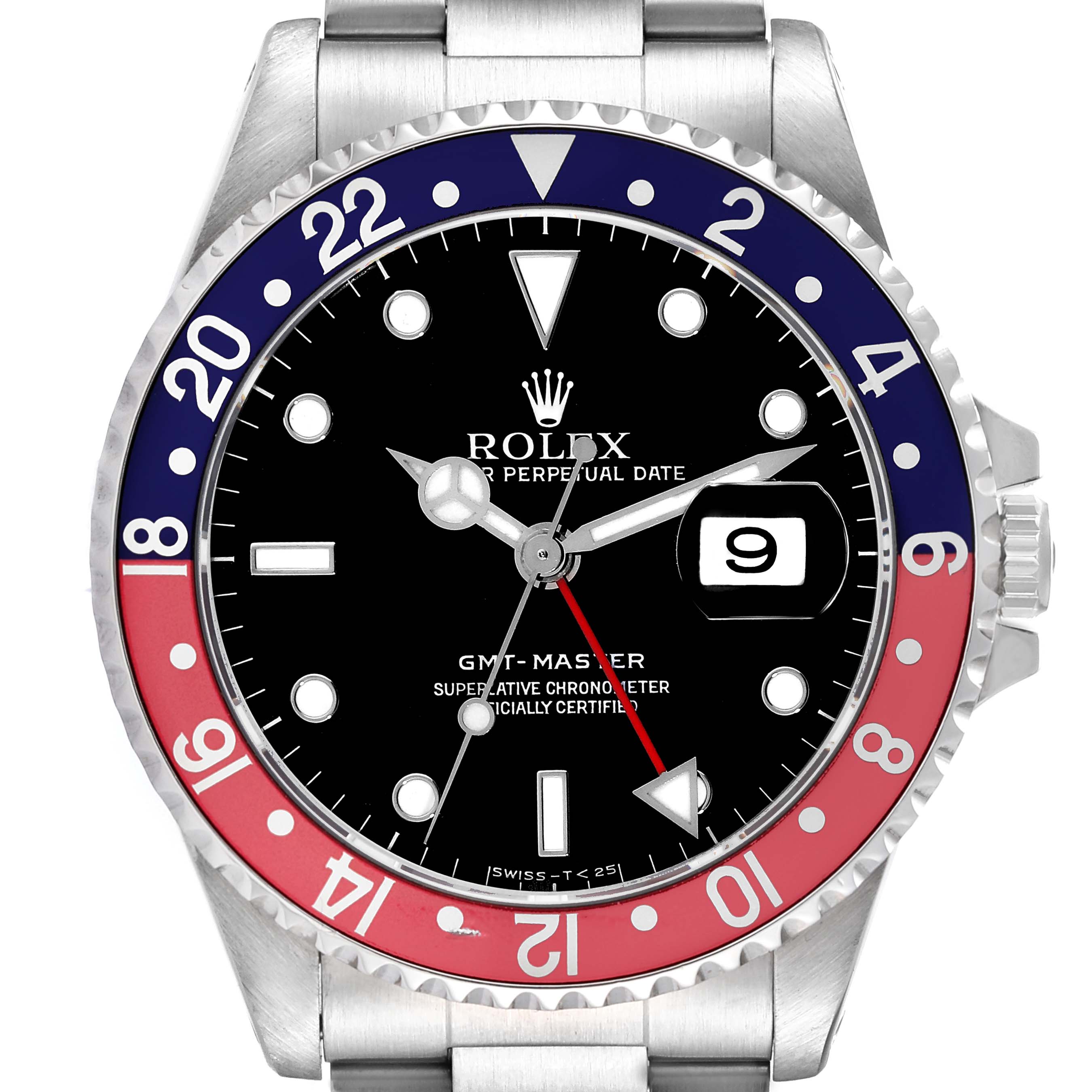 This image shows a front view of the Rolex GMT-Master 16700 Men's Stainless Steel Black Dial 16700 Men's Stainless Steel Black Dial watch, focusing on the face, bezel, and part of the band.