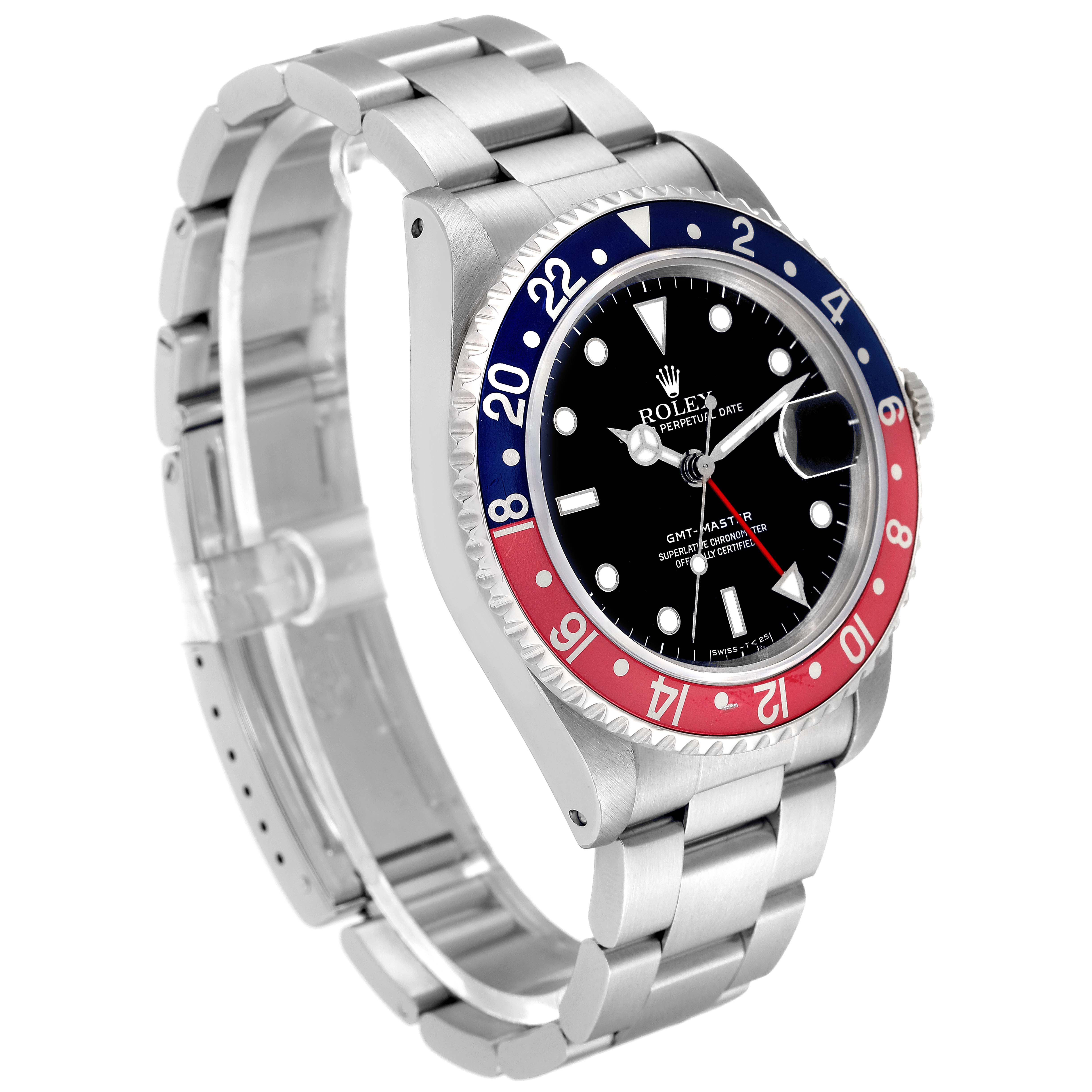 The image shows a side angle of the Rolex GMT-Master 16700 Men's Stainless Steel Black Dial 16700 Men's Stainless Steel Black Dial watch, highlighting its bezel, dial, case, and bracelet.