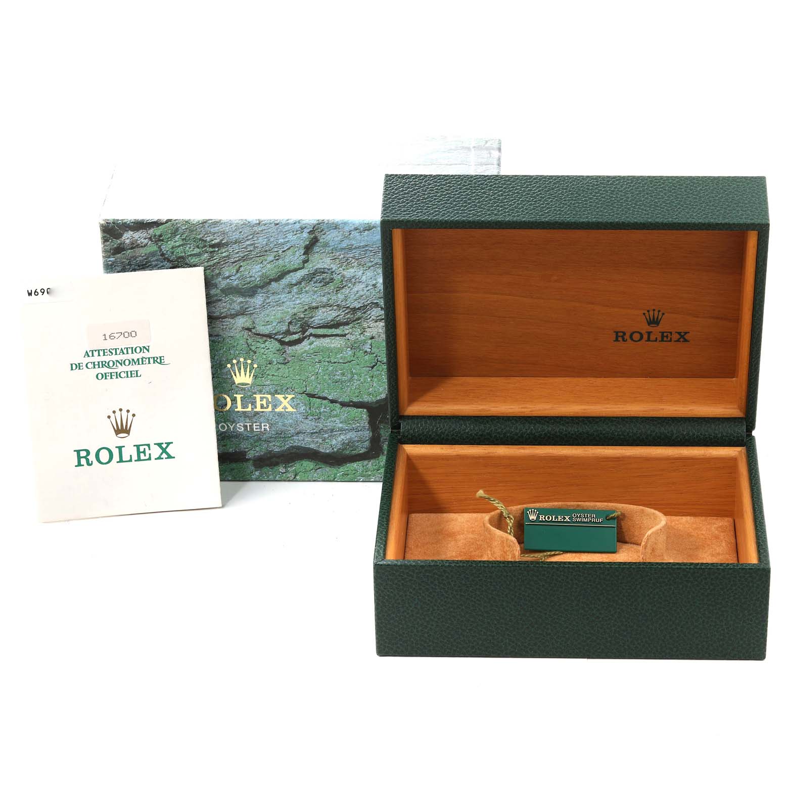 The image shows an open presentation box and accompanying documentation for the Rolex GMT-Master 16700 Men's Stainless Steel Black Dial 16700 Men's Stainless Steel Black Dial model.