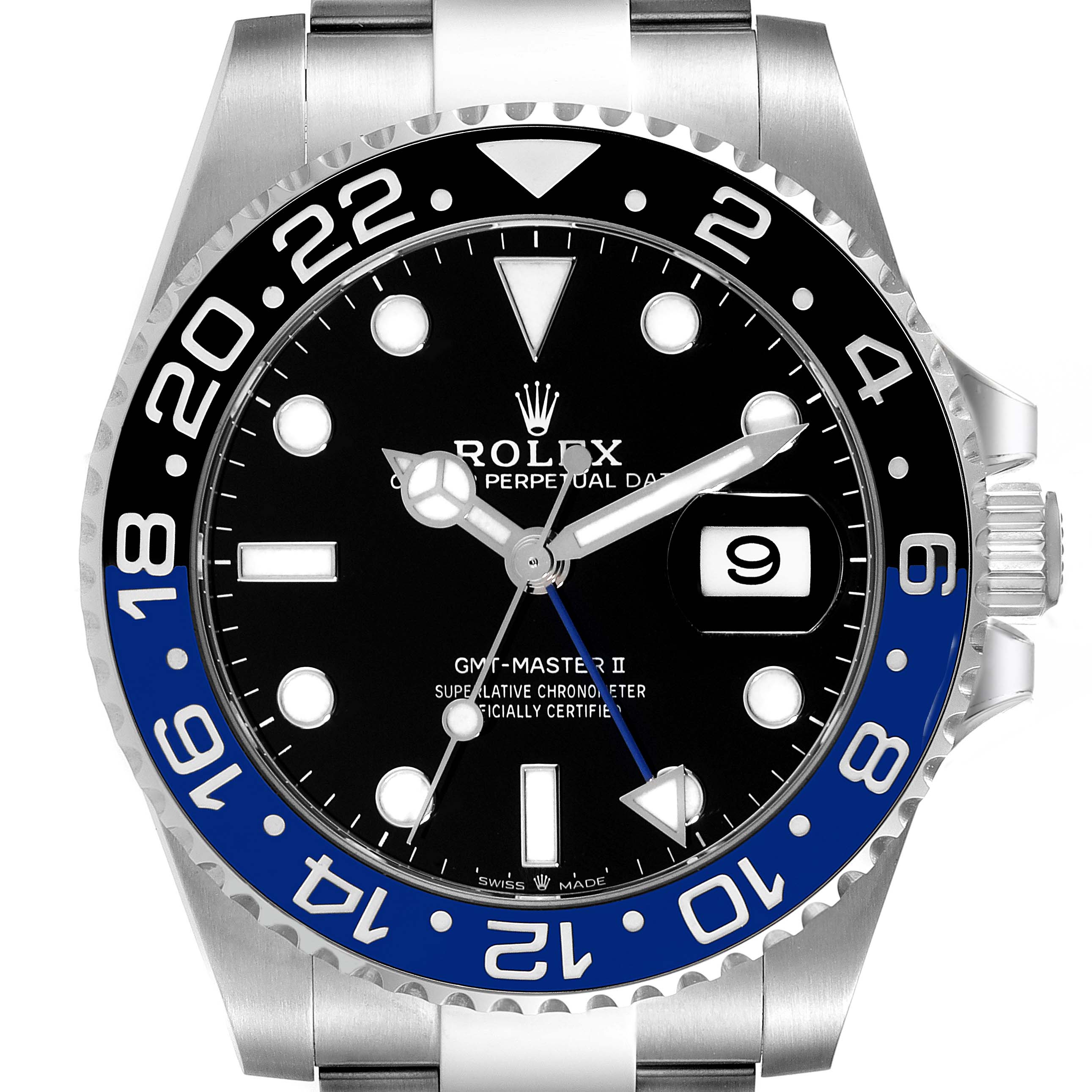 The image shows a close-up view of the dial and bezel of a Rolex GMT-Master 126710 Men's Stainless Steel Black Dial 126710 Men's Stainless Steel Black Dial II watch, highlighting the hands, hour markers, and date window.