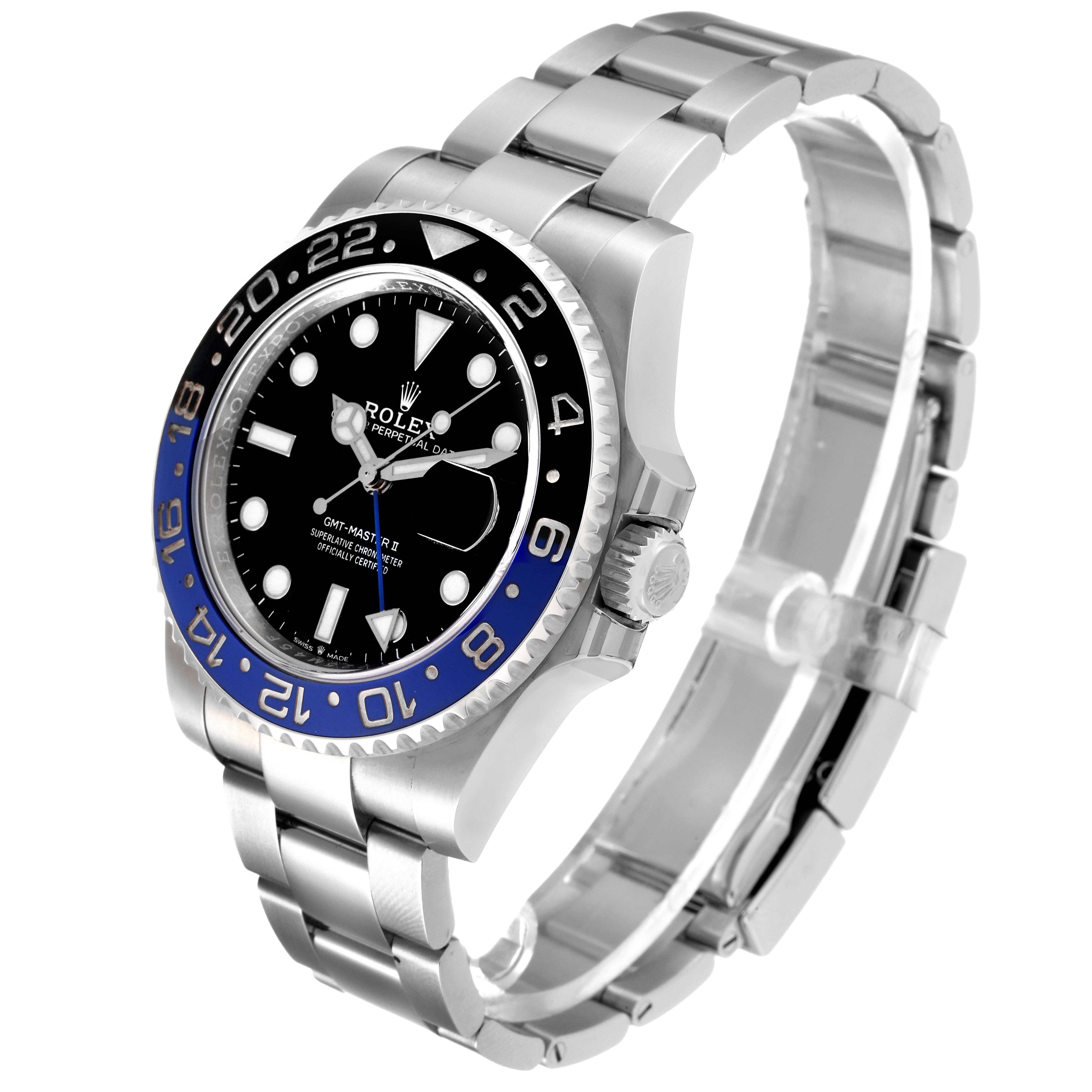 The image shows a Rolex GMT-Master 126710 Men's Stainless Steel Black Dial 126710 Men's Stainless Steel Black Dial watch at a front-left, three-quarter angle, displaying the face, bezel, case, and bracelet.