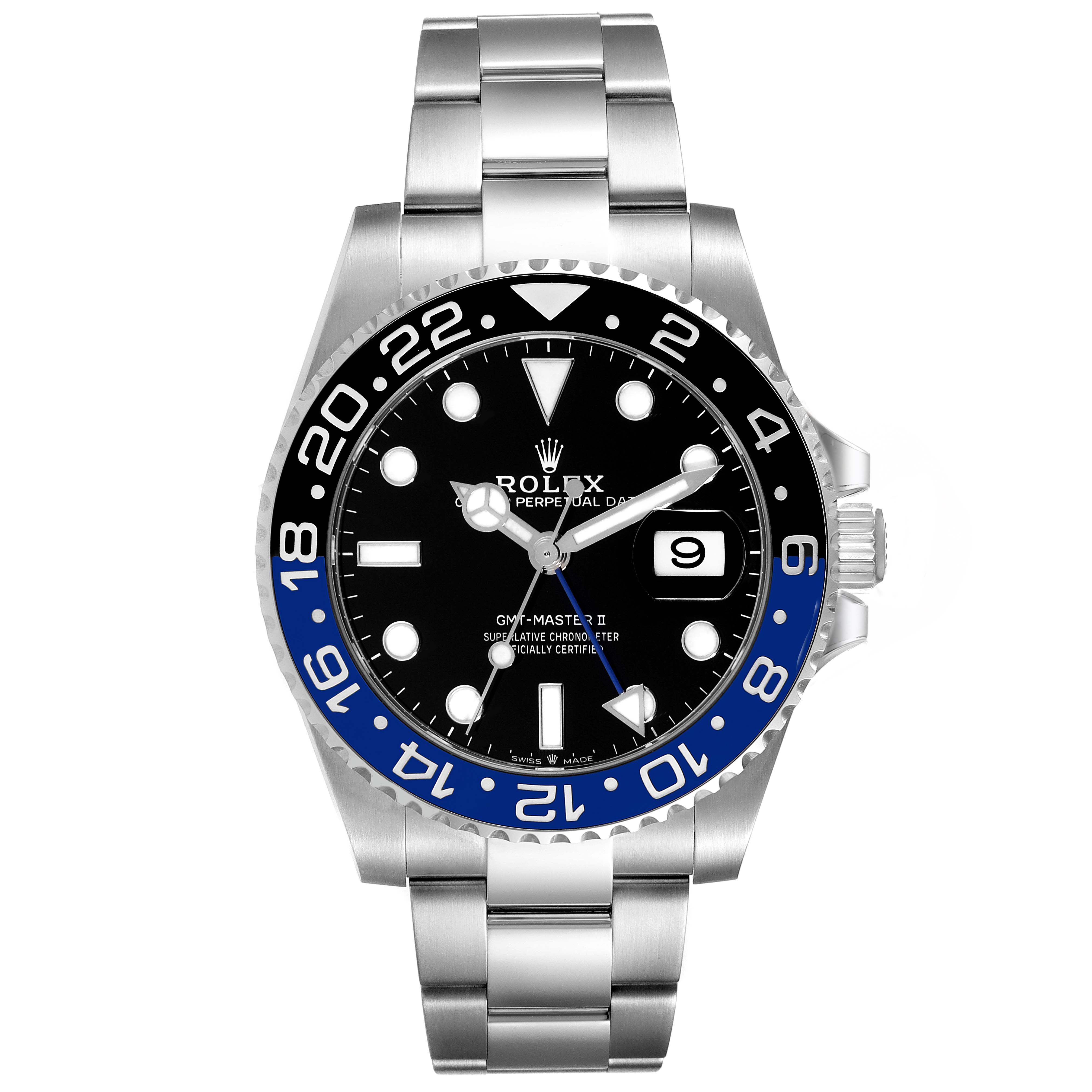 This image shows a frontal view of a Rolex GMT-Master 126710 Men's Stainless Steel Black Dial 126710 Men's Stainless Steel Black Dial II watch, highlighting its dial, bezel, and bracelet.