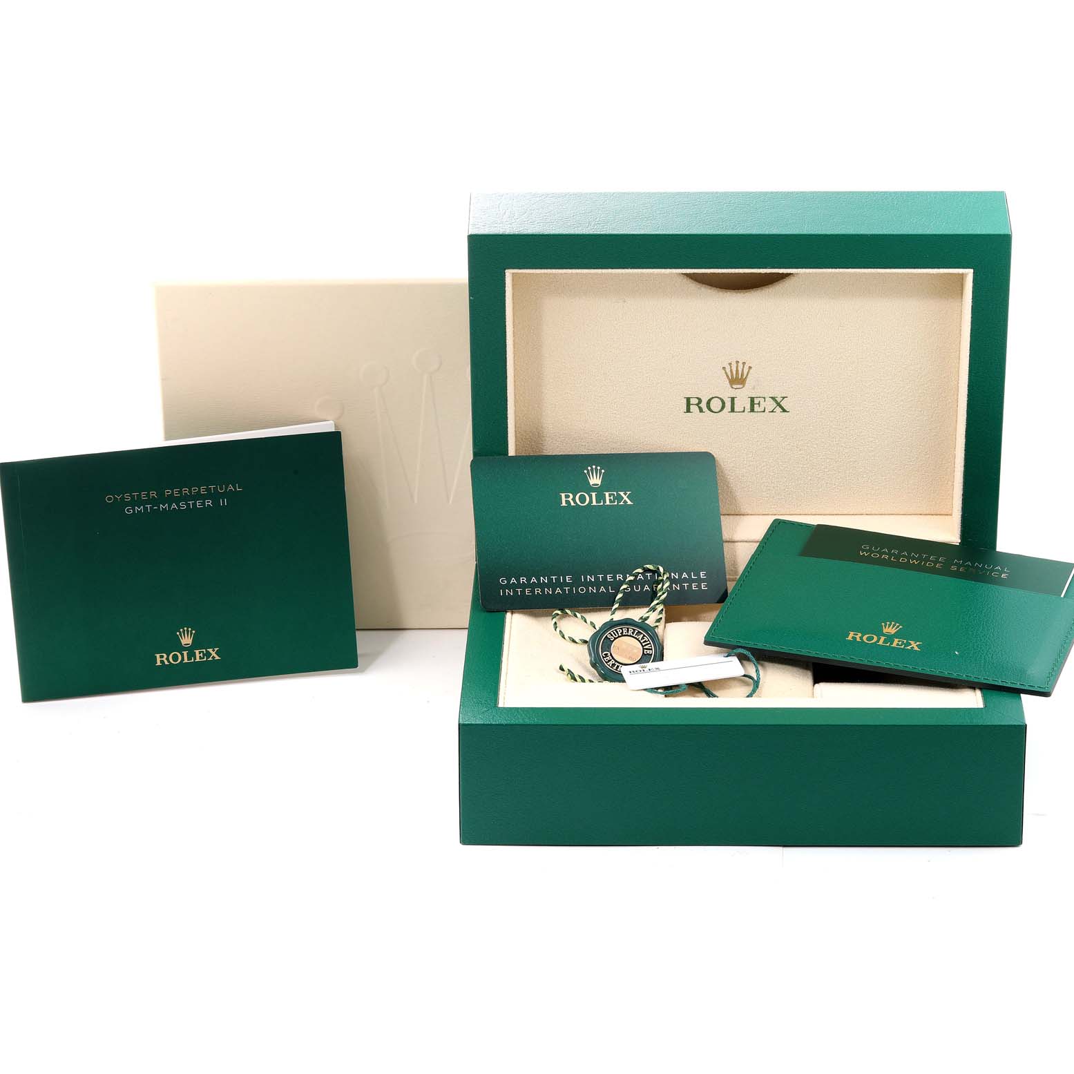 The image shows the packaging, warranty card, tags, and booklets for a Rolex GMT-Master 126710 Men's Stainless Steel Black Dial 126710 Men's Stainless Steel Black Dial watch.