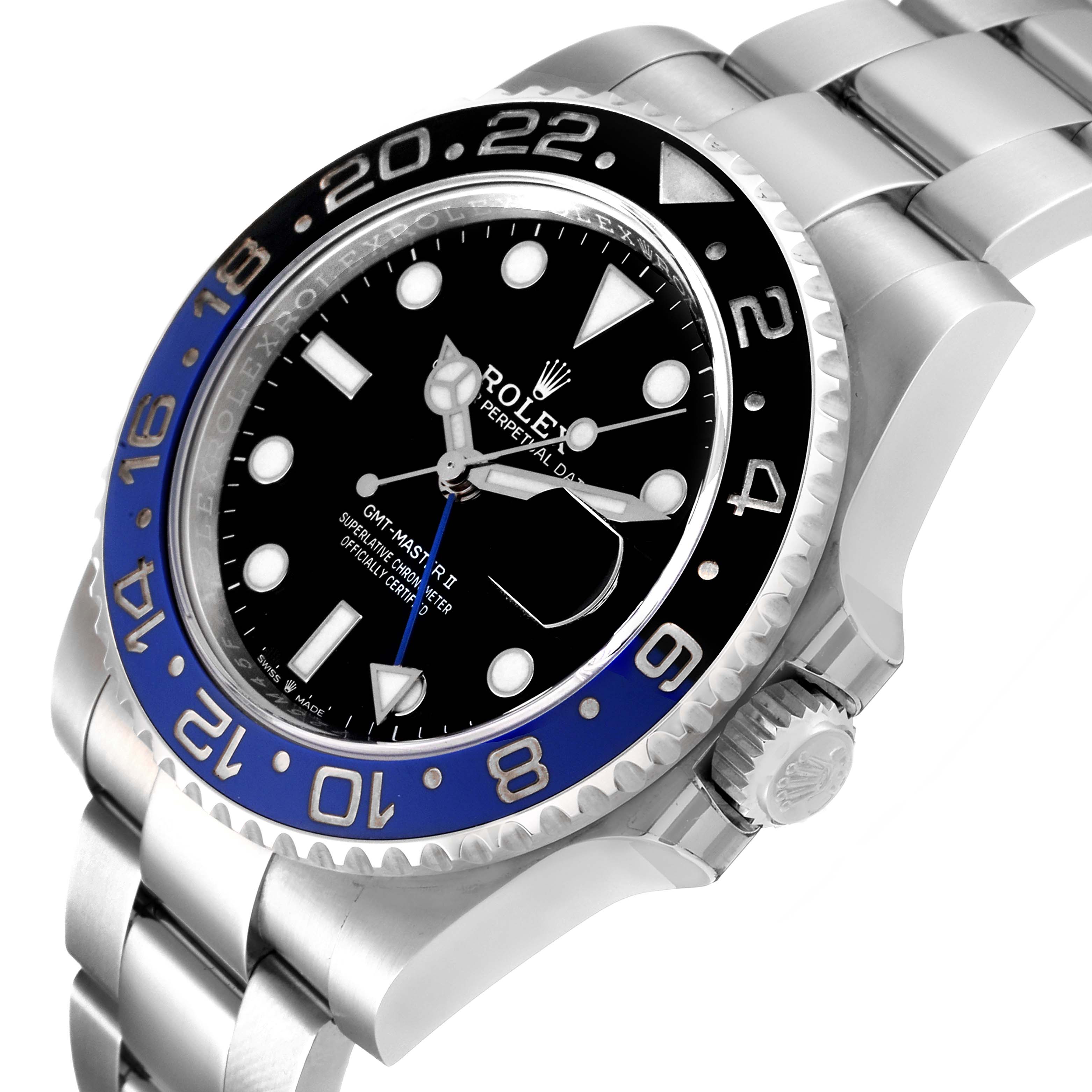 The image shows a side angle of a Rolex GMT-Master 126710 Men's Stainless Steel Black Dial 126710 Men's Stainless Steel Black Dial watch, highlighting its bezel, dial, bracelet, and crown.