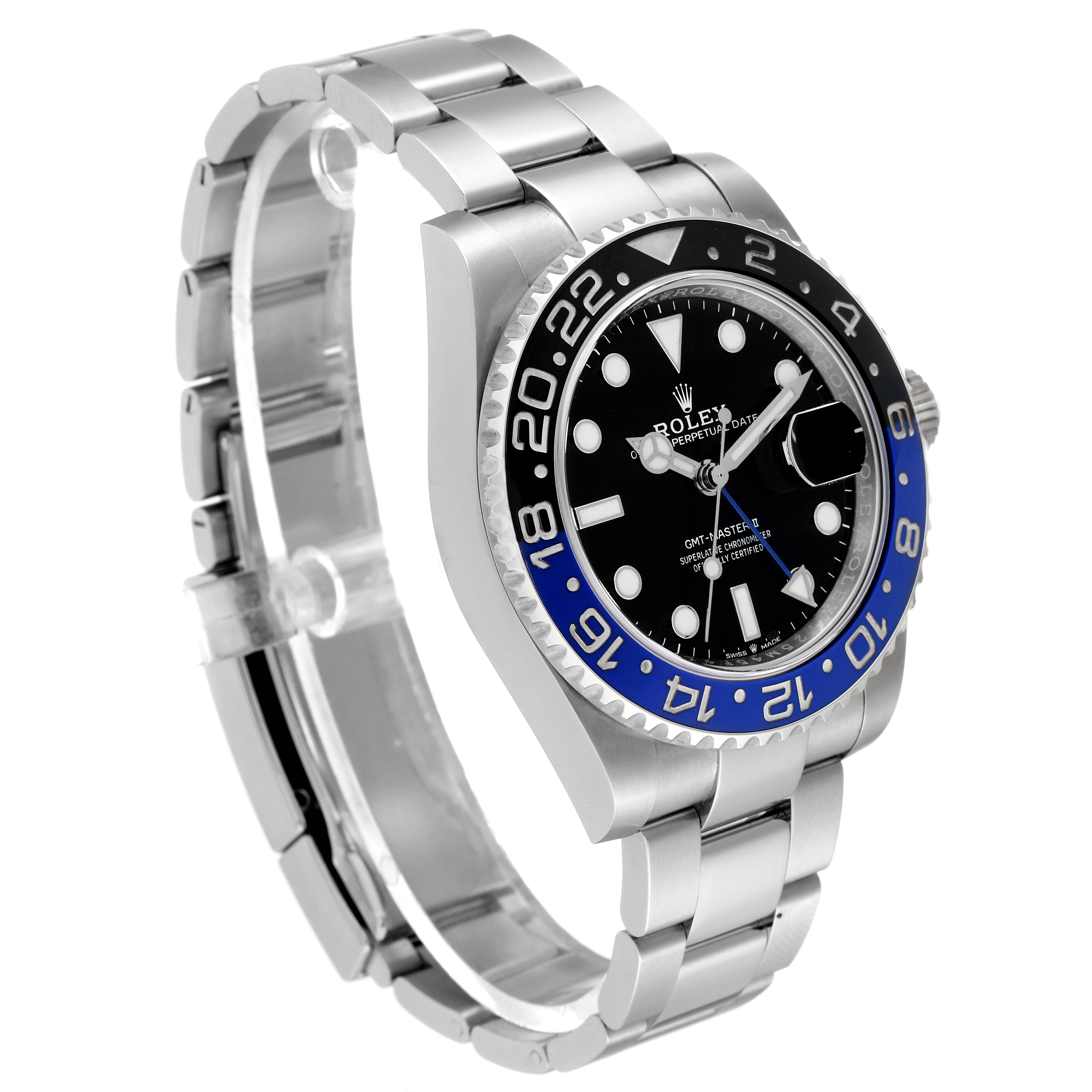 This image shows a side view of a Rolex GMT-Master 126710 Men's Stainless Steel Black Dial 126710 Men's Stainless Steel Black Dial watch with its stainless steel bracelet and black and blue bezel.