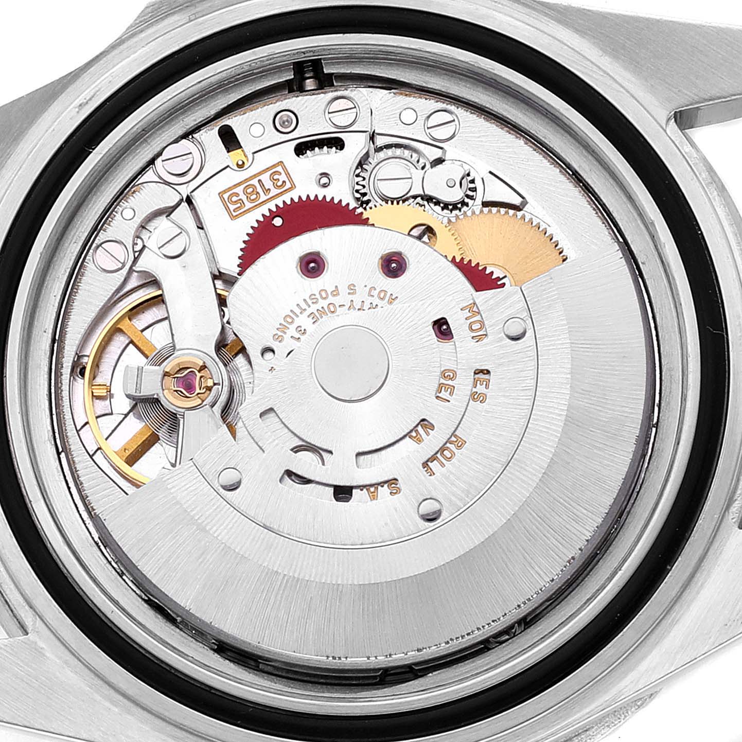 The image shows a close-up view of the movement mechanism inside a Rolex GMT-Master 16710 Men
s Stainless Steel Black Dial 16710 Men
s Stainless Steel Black Dial watch.