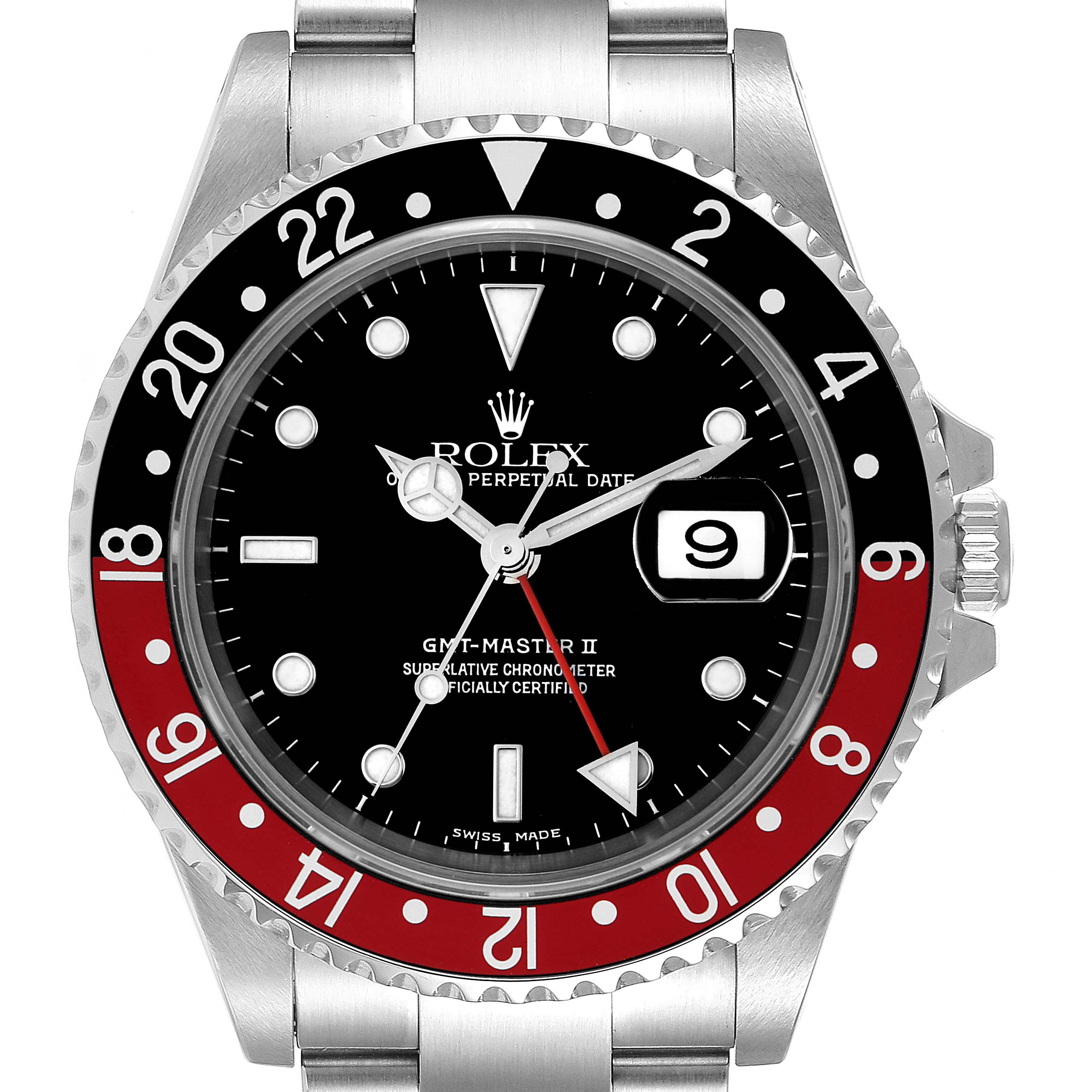 The image shows a front view of the Rolex GMT-Master 16710 Men
s Stainless Steel Black Dial 16710 Men
s Stainless Steel Black Dial II watch, displaying the bezel, dial, hands, and bracelet.