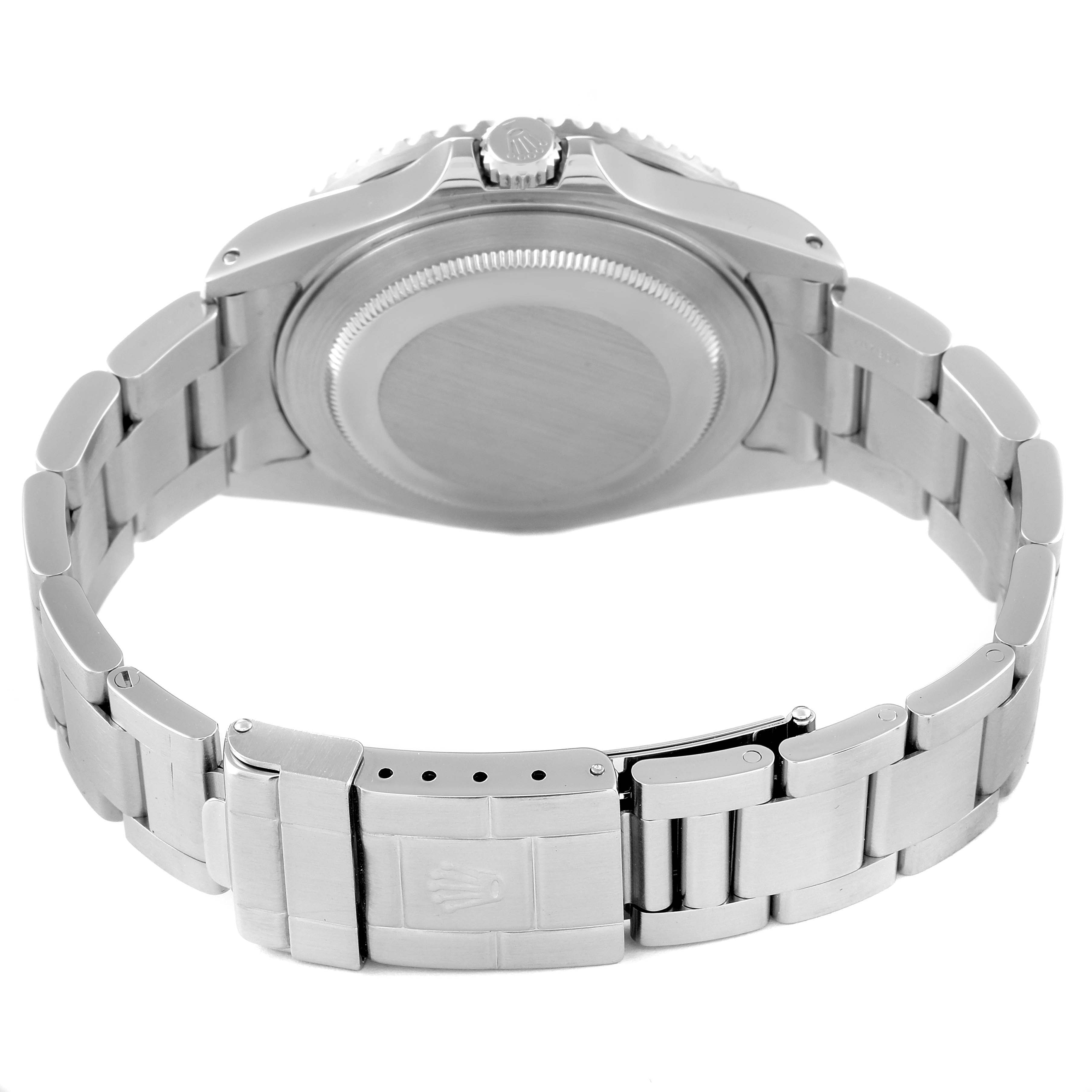 The image shows the back view of a Rolex GMT-Master 16710 Men
s Stainless Steel Black Dial 16710 Men
s Stainless Steel Black Dial watch, highlighting its stainless steel case and bracelet.