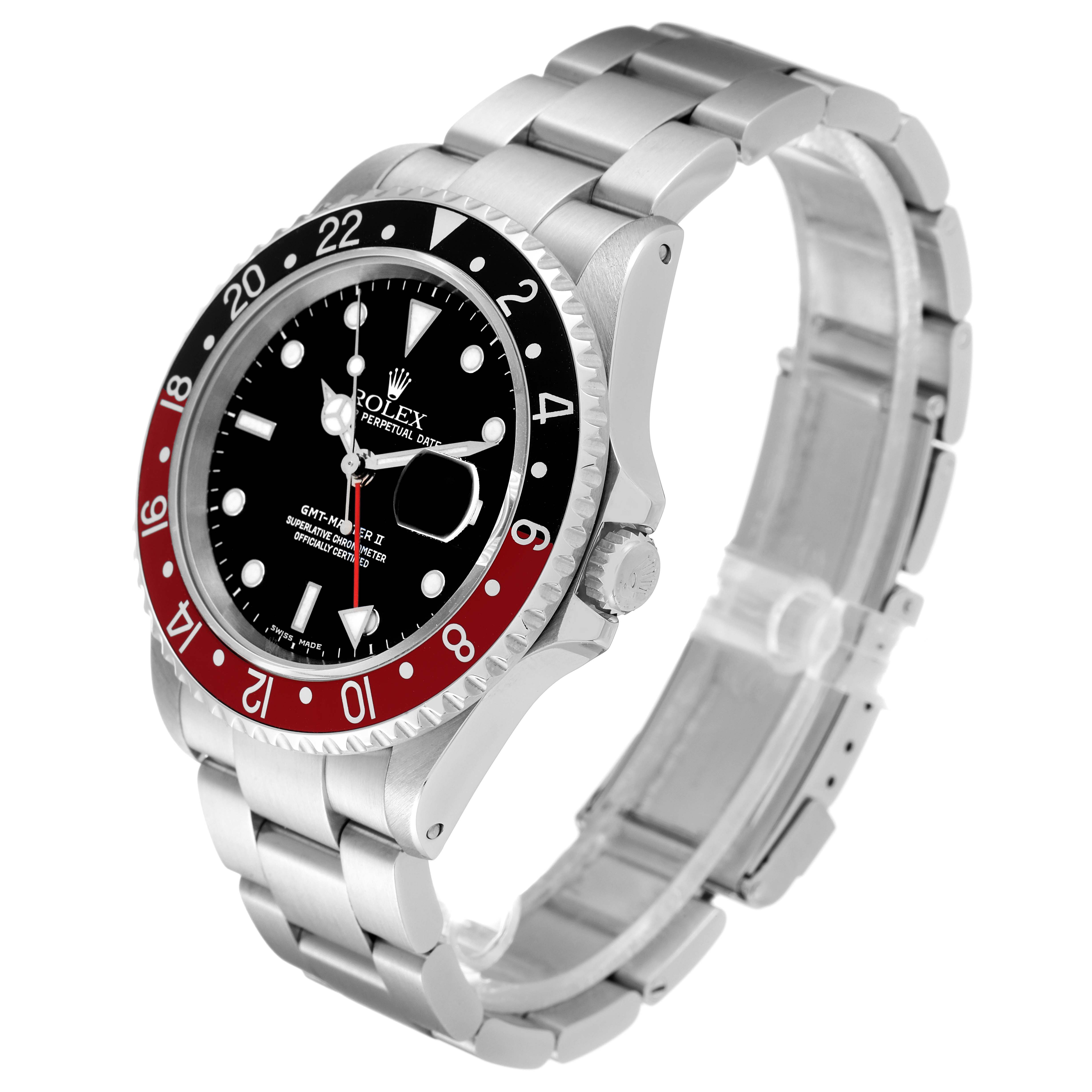 The image shows a Rolex GMT-Master 16710 Men
s Stainless Steel Black Dial 16710 Men
s Stainless Steel Black Dial II from an angled view highlighting the dial, bezel, and part of the bracelet.