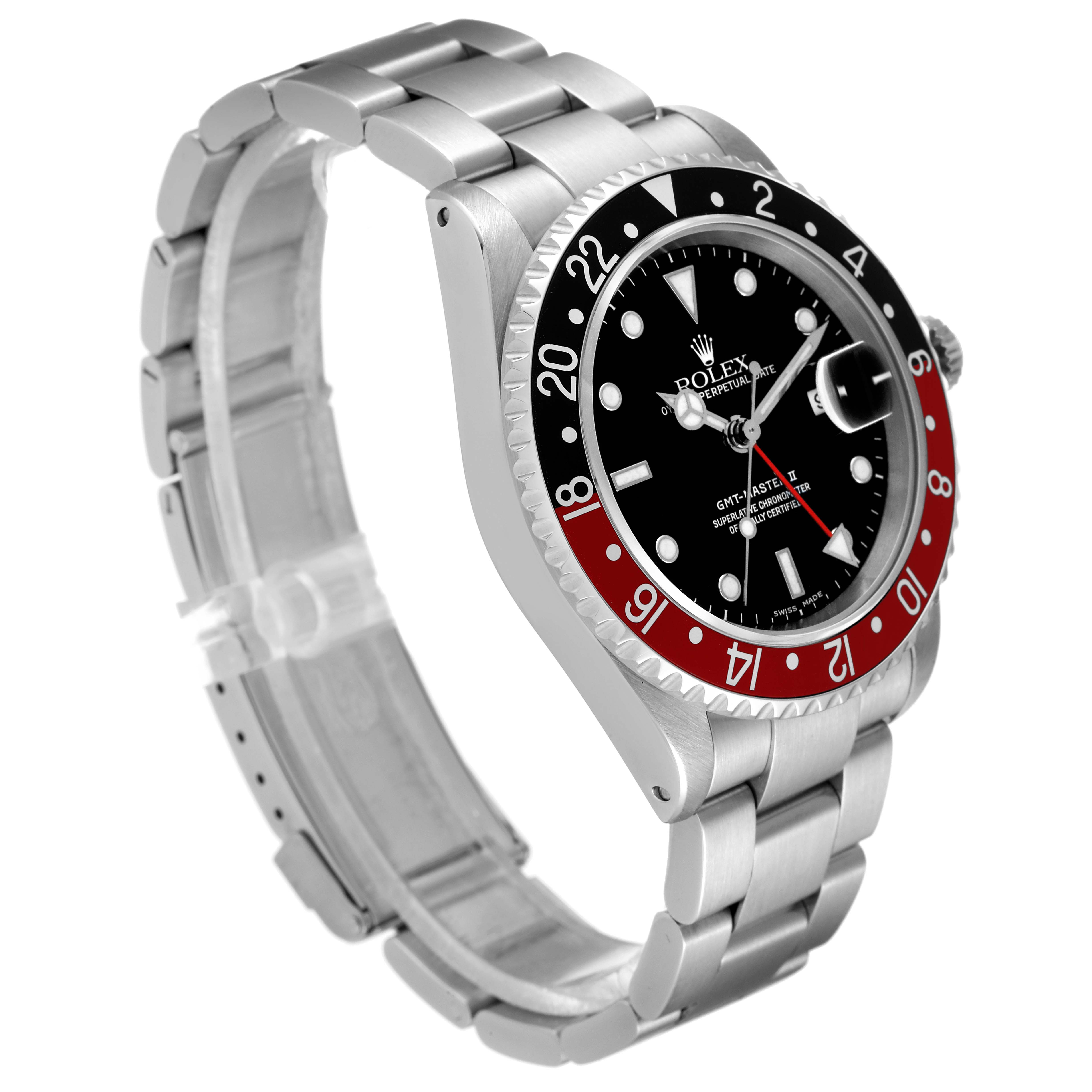 The image shows a left-side angle of the Rolex GMT-Master 16710 Men
s Stainless Steel Black Dial 16710 Men
s Stainless Steel Black Dial watch, showcasing the bezel, face, crown, and stainless steel bracelet.