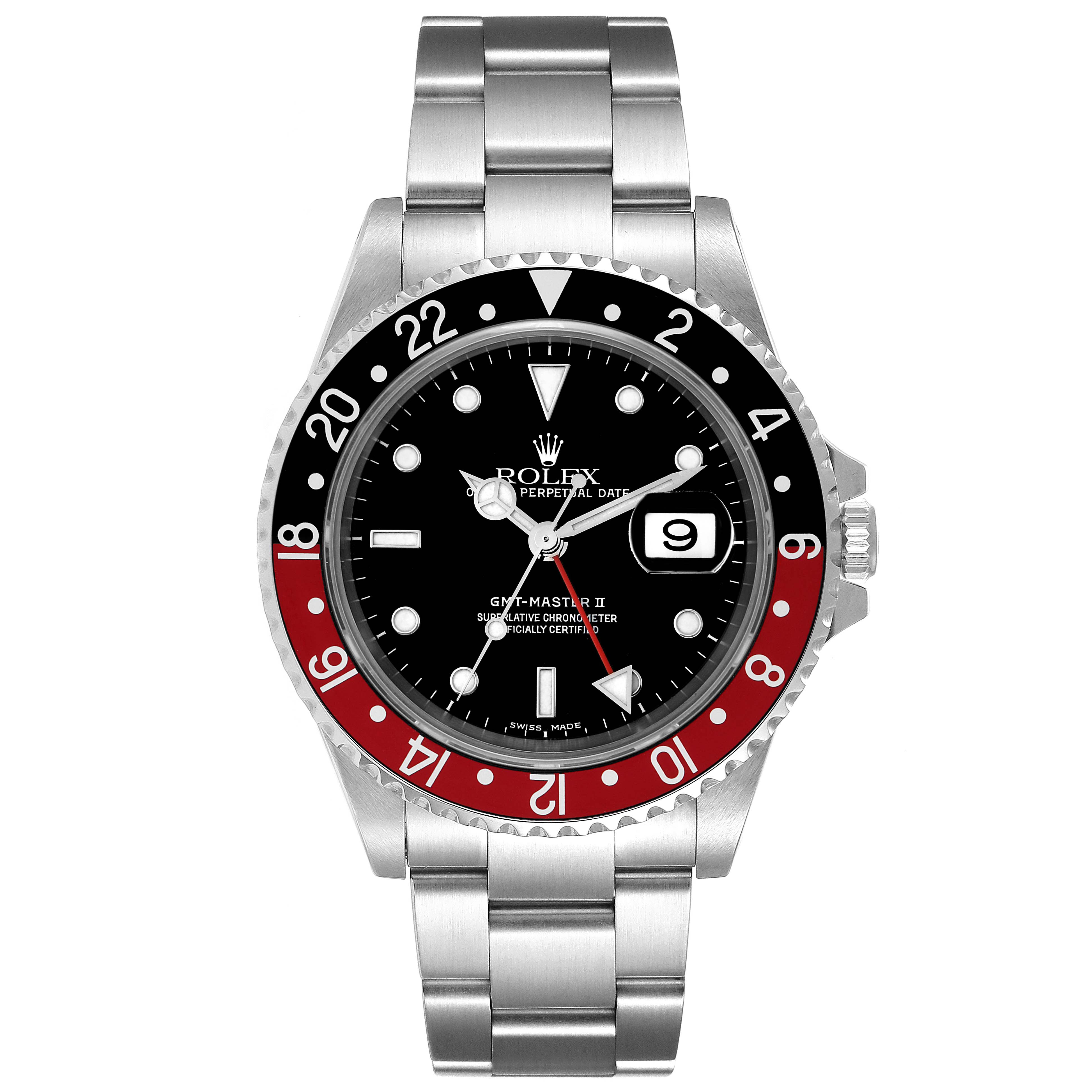 The image shows a front view of a Rolex GMT-Master 16710 Men
s Stainless Steel Black Dial 16710 Men
s Stainless Steel Black Dial II watch, featuring a black dial, red and black bezel, and a stainless steel bracelet.