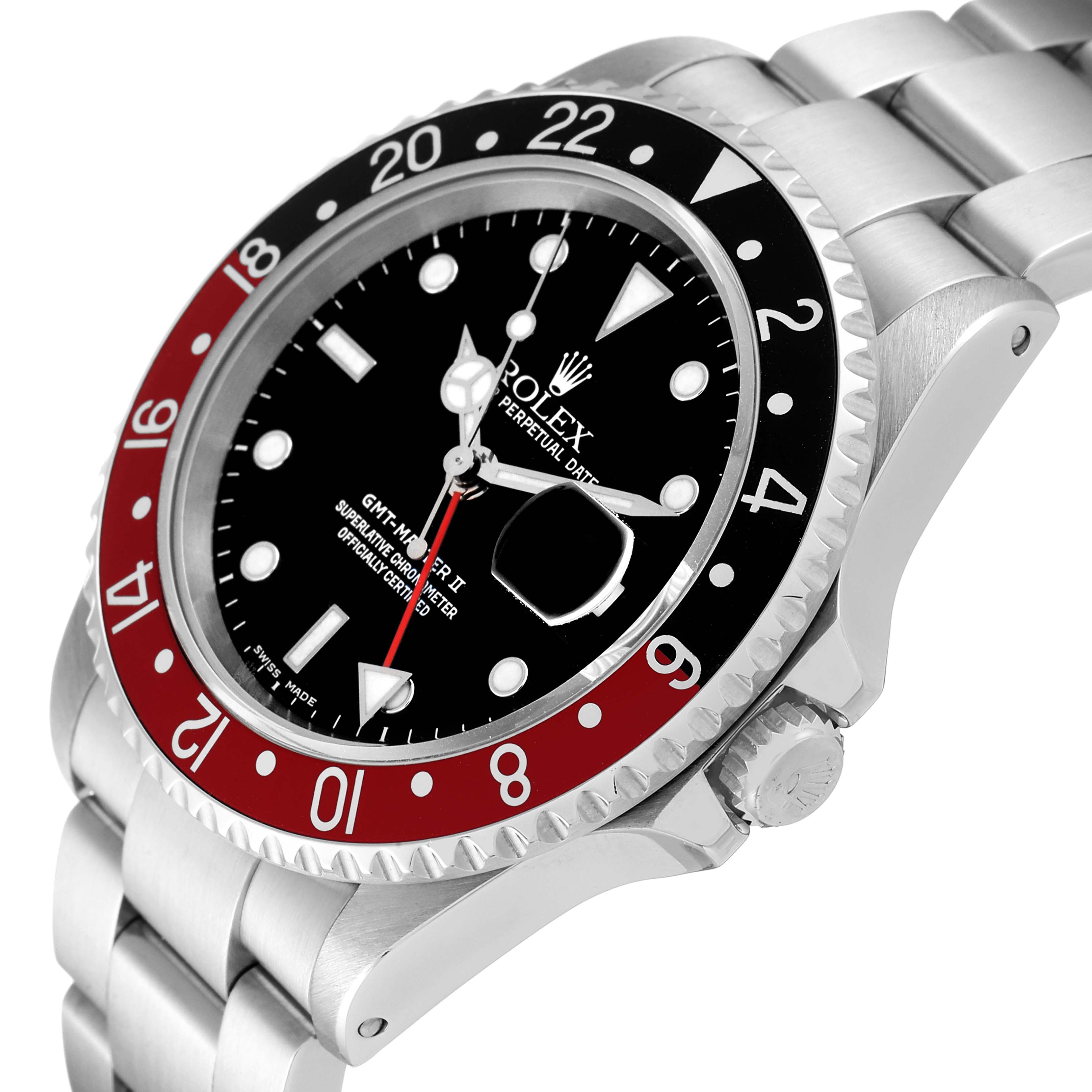 The Rolex GMT-Master 16710 Men
s Stainless Steel Black Dial 16710 Men
s Stainless Steel Black Dial watch is shown from an angled view, highlighting its bezel, crown, and bracelet.