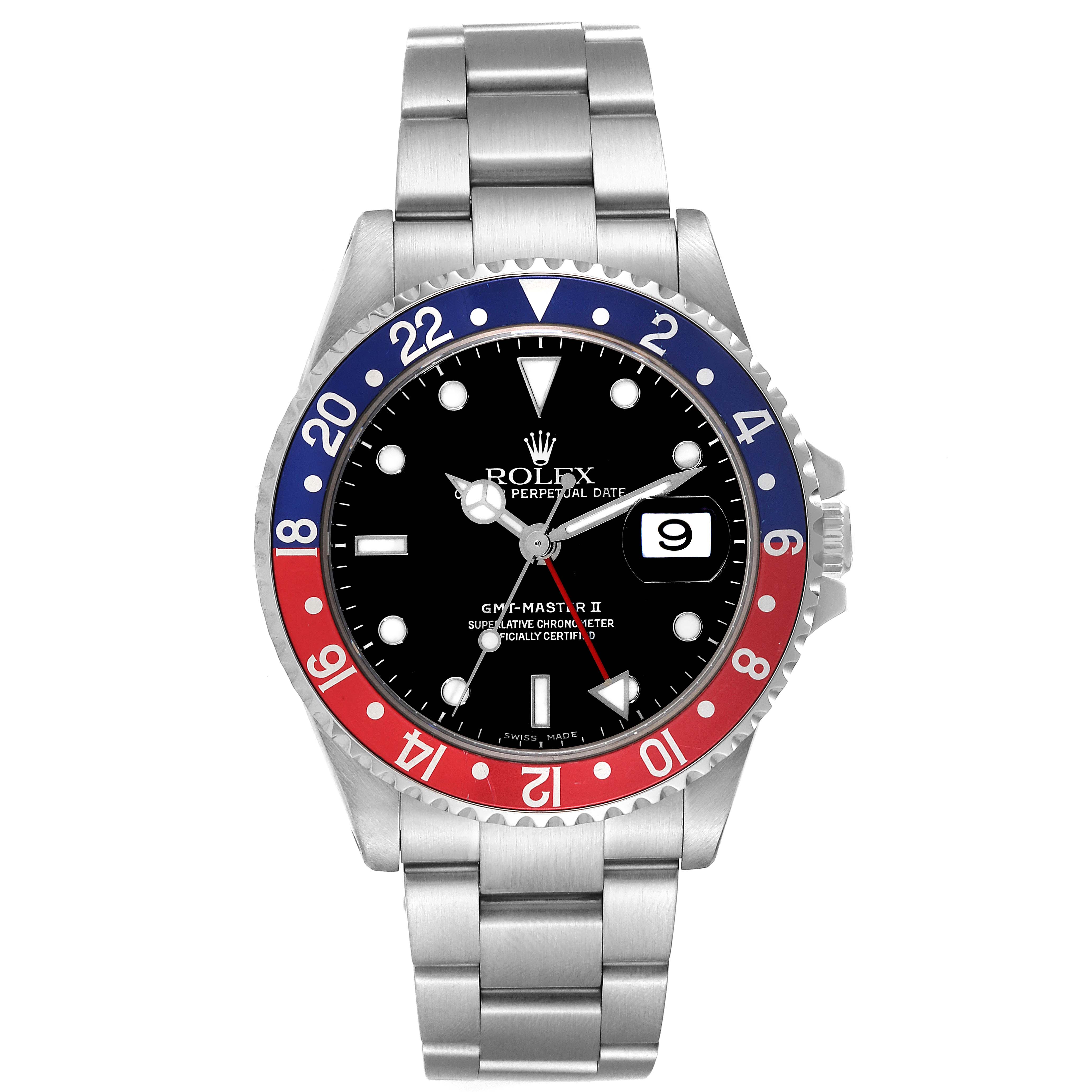 The image shows a front view of the Rolex GMT-Master 16710 Men's Stainless Steel Black Dial 16710 Men's Stainless Steel Black Dial II watch featuring a black dial, two-tone bezel, and stainless steel bracelet.