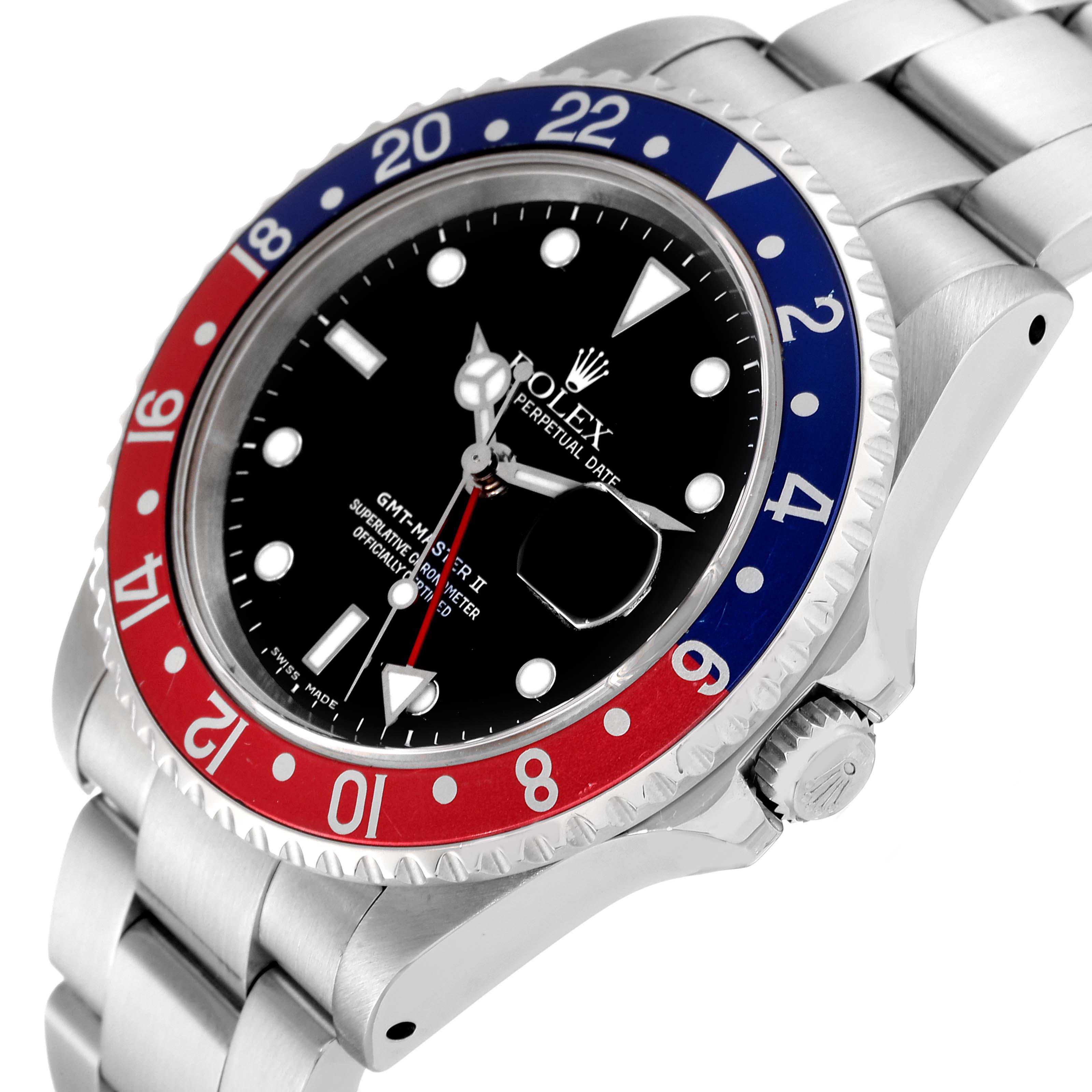 The GMT-Master model by Rolex is shown at an angled side view, highlighting the bezel, dial, case, and bracelet.