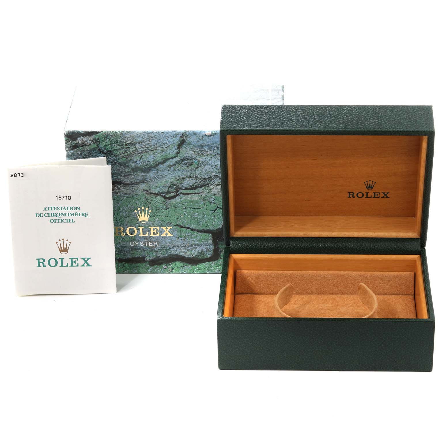 This image shows an open Rolex GMT-Master 16710 Men's Stainless Steel Black Dial 16710 Men's Stainless Steel Black Dial watch box, along with an outer box and a booklet.