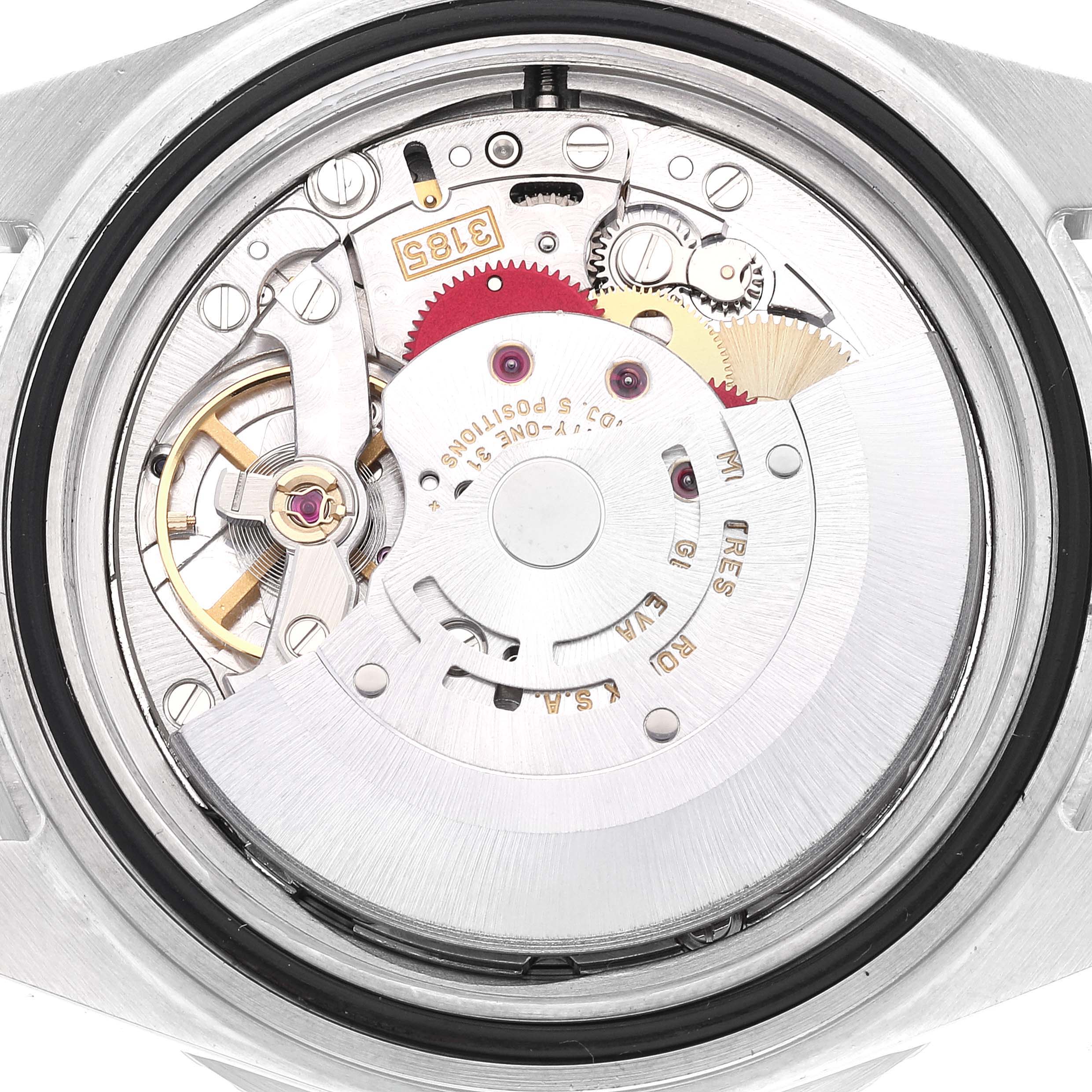 The image shows a close-up view of the movement mechanism inside a Rolex GMT-Master 16710 Men's Stainless Steel Black Dial 16710 Men's Stainless Steel Black Dial watch.