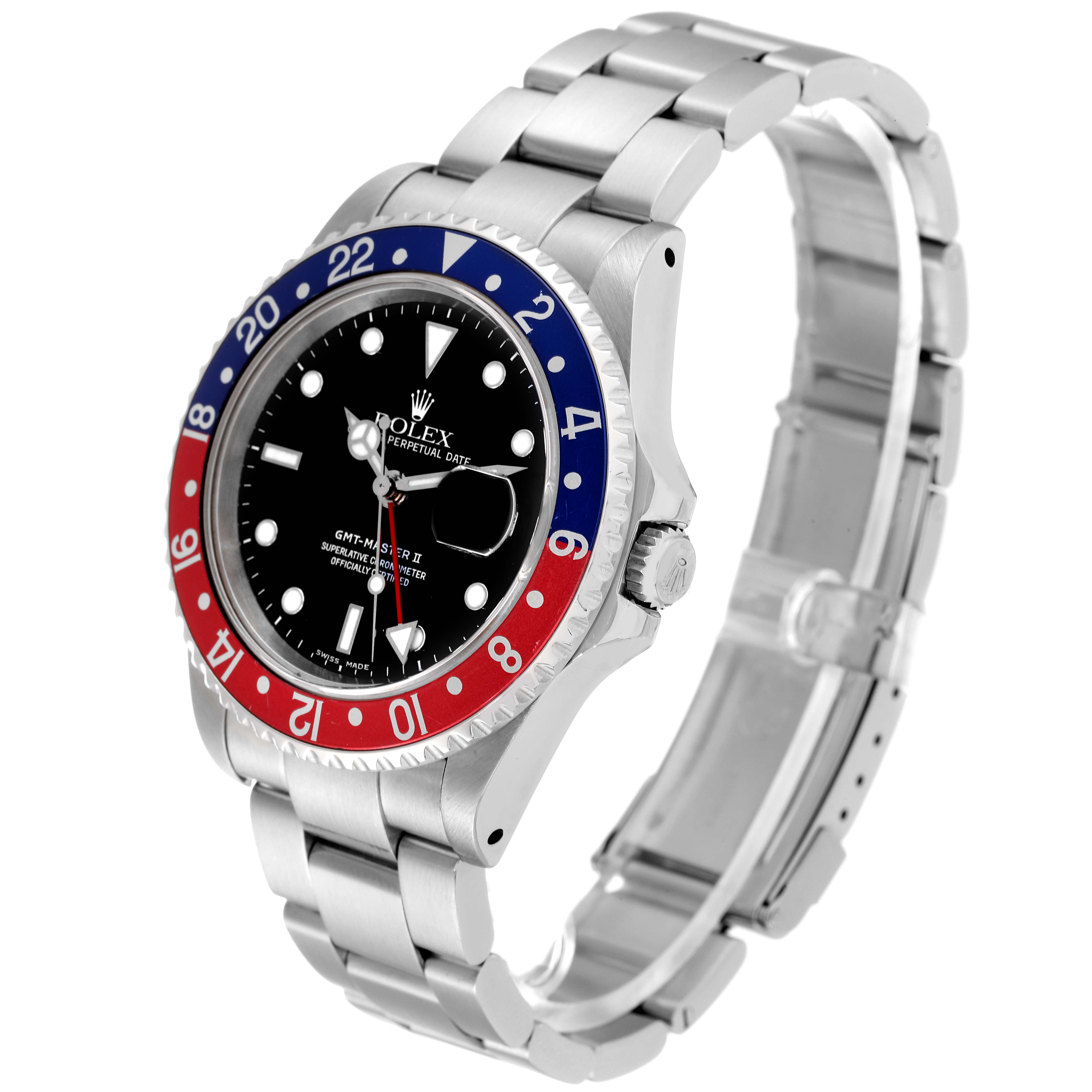 This image shows the front and side of a Rolex GMT-Master 16710 Men's Stainless Steel Black Dial 16710 Men's Stainless Steel Black Dial II watch with a red and blue bezel and stainless steel bracelet.