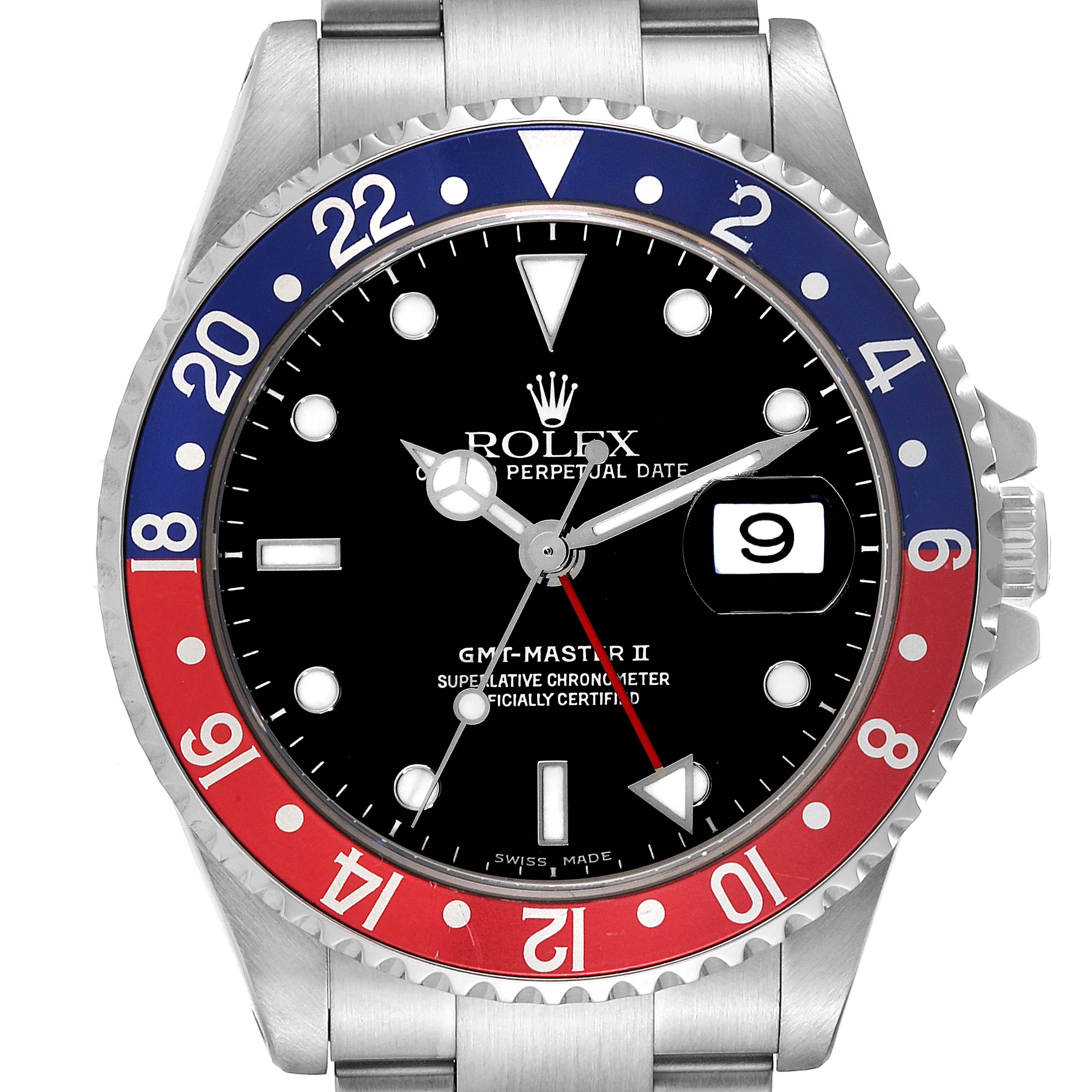 The image shows a frontal view of the Rolex GMT-Master 16710 Men's Stainless Steel Black Dial 16710 Men's Stainless Steel Black Dial II watch, highlighting the dial, bezel, and bracelet.