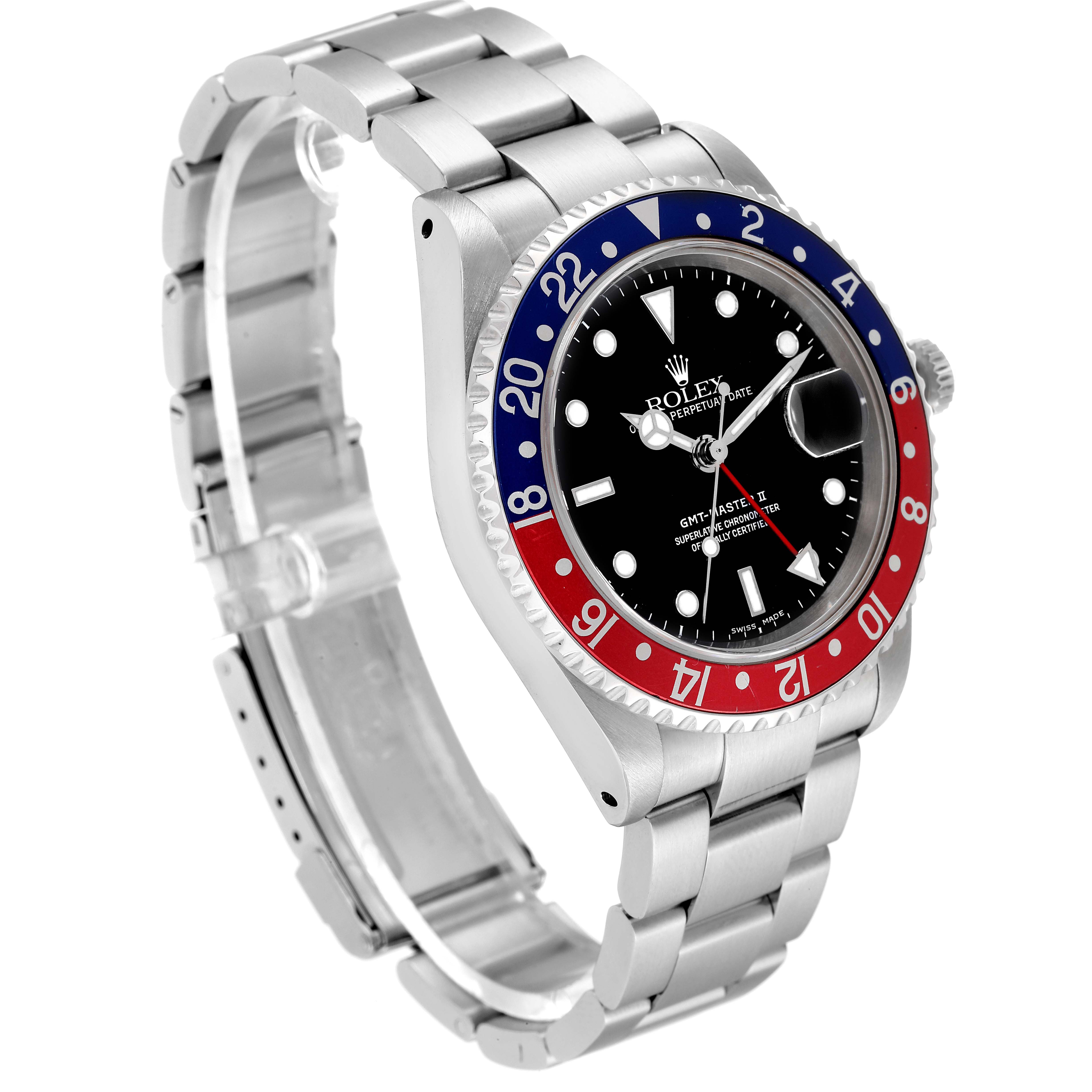 The Rolex GMT-Master 16710 Men's Stainless Steel Black Dial 16710 Men's Stainless Steel Black Dial watch is shown at a three-quarter angle displaying the bezel, dial, and bracelet.