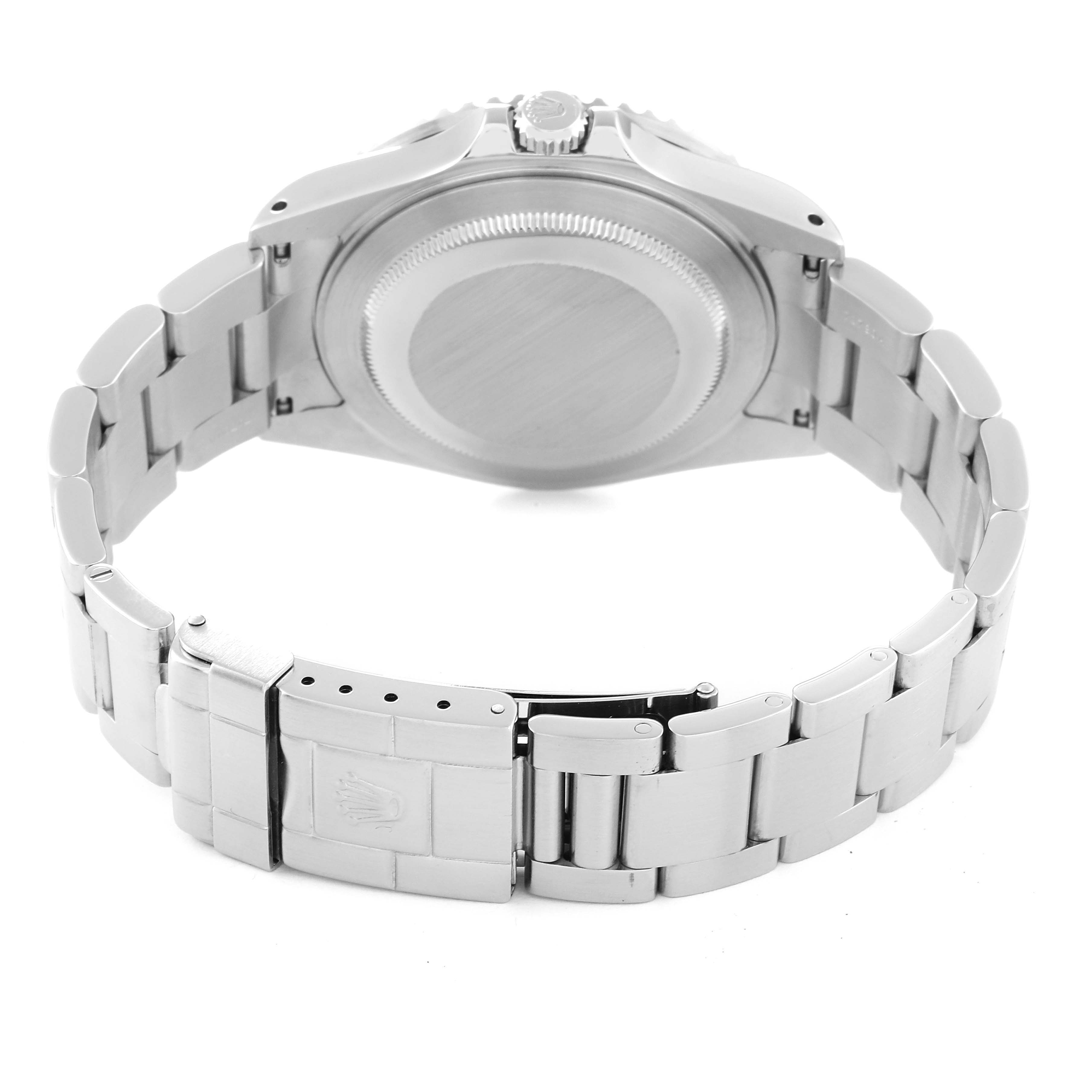 The image shows the back case and bracelet of the Rolex GMT-Master 16710 Men's Stainless Steel Black Dial 16710 Men's Stainless Steel Black Dial watch from a rear angle.