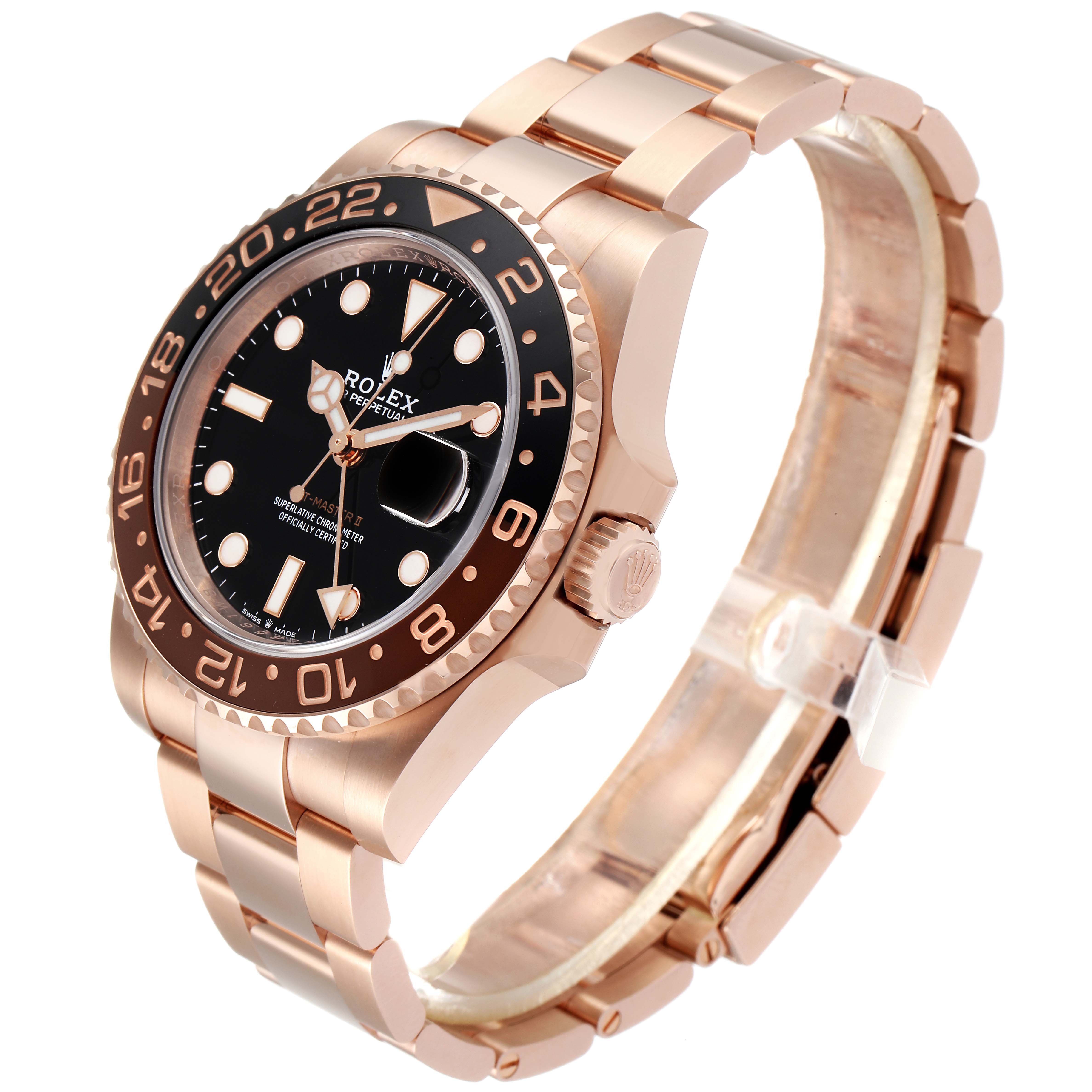 This image shows a Rolex GMT-Master 126715 Men's Rose Gold Black Dial 126715 Men's Rose Gold Black Dial watch at a three-quarter angle, highlighting the bezel, dial, crown, and bracelet.
