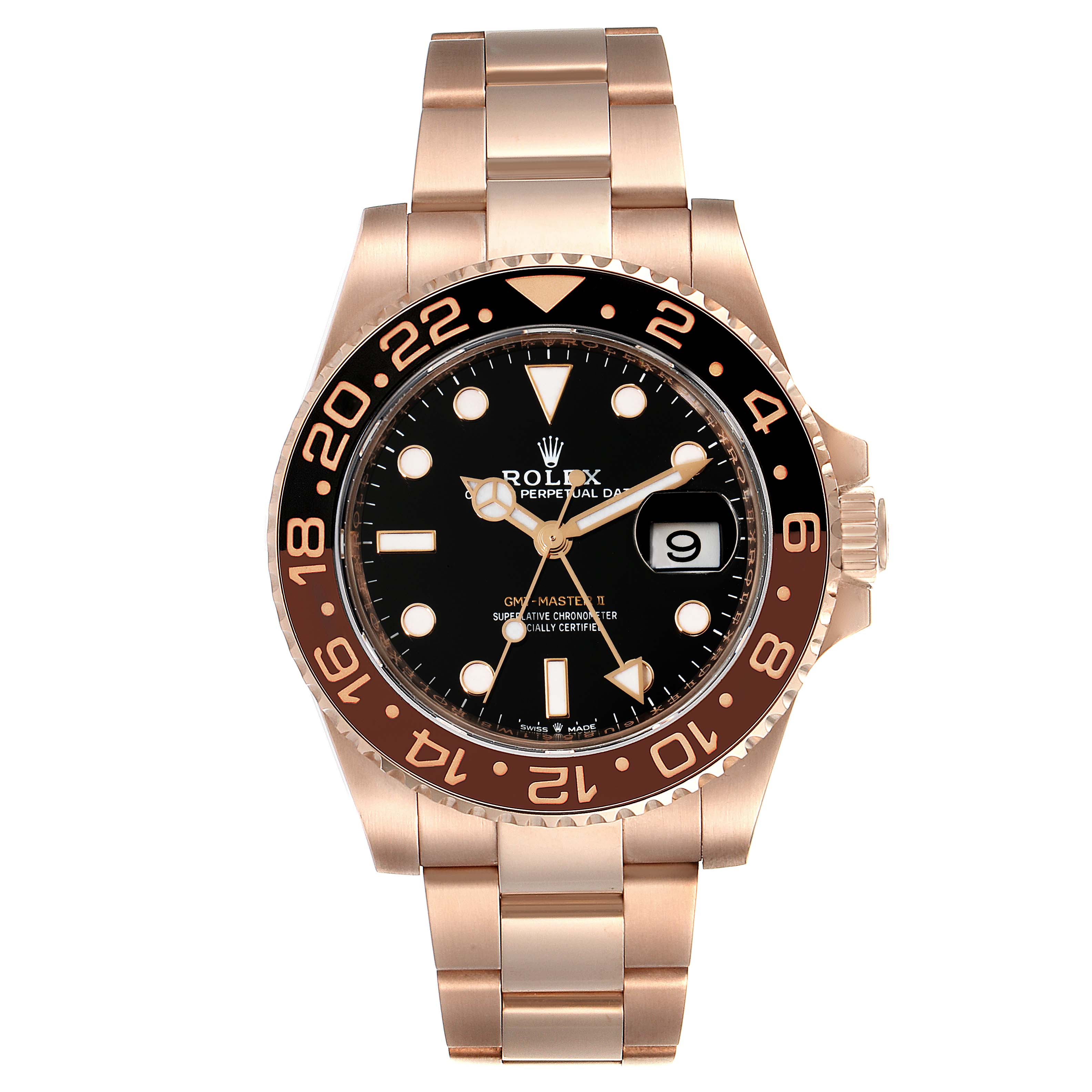 This image shows a front view of a Rolex GMT-Master 126715 Men's Rose Gold Black Dial 126715 Men's Rose Gold Black Dial II watch focusing on the dial, hands, bezel, and bracelet.