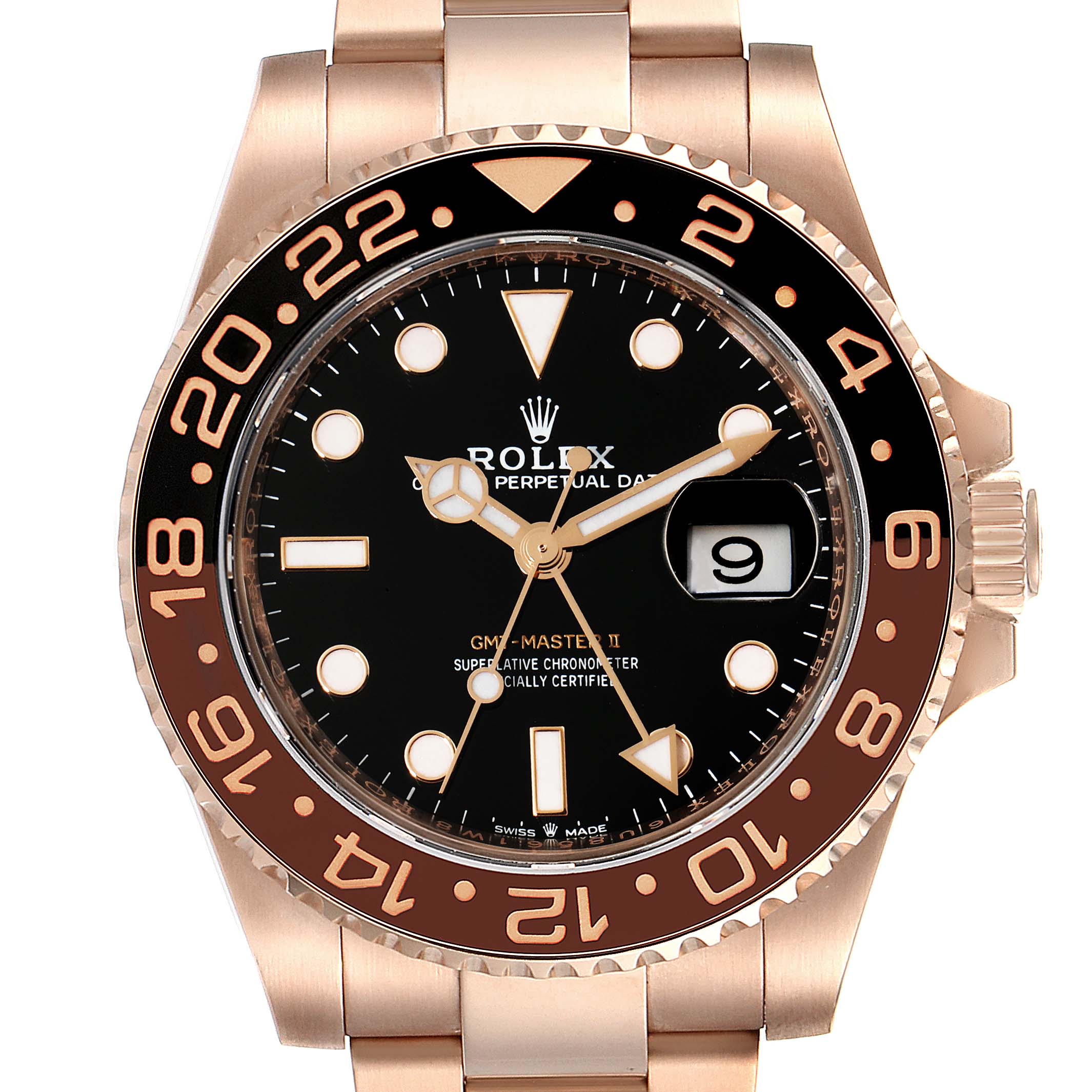 This image shows a front view of the Rolex GMT-Master 126715 Men's Rose Gold Black Dial 126715 Men's Rose Gold Black Dial II watch, highlighting its bezel, dial, hands, and date window.