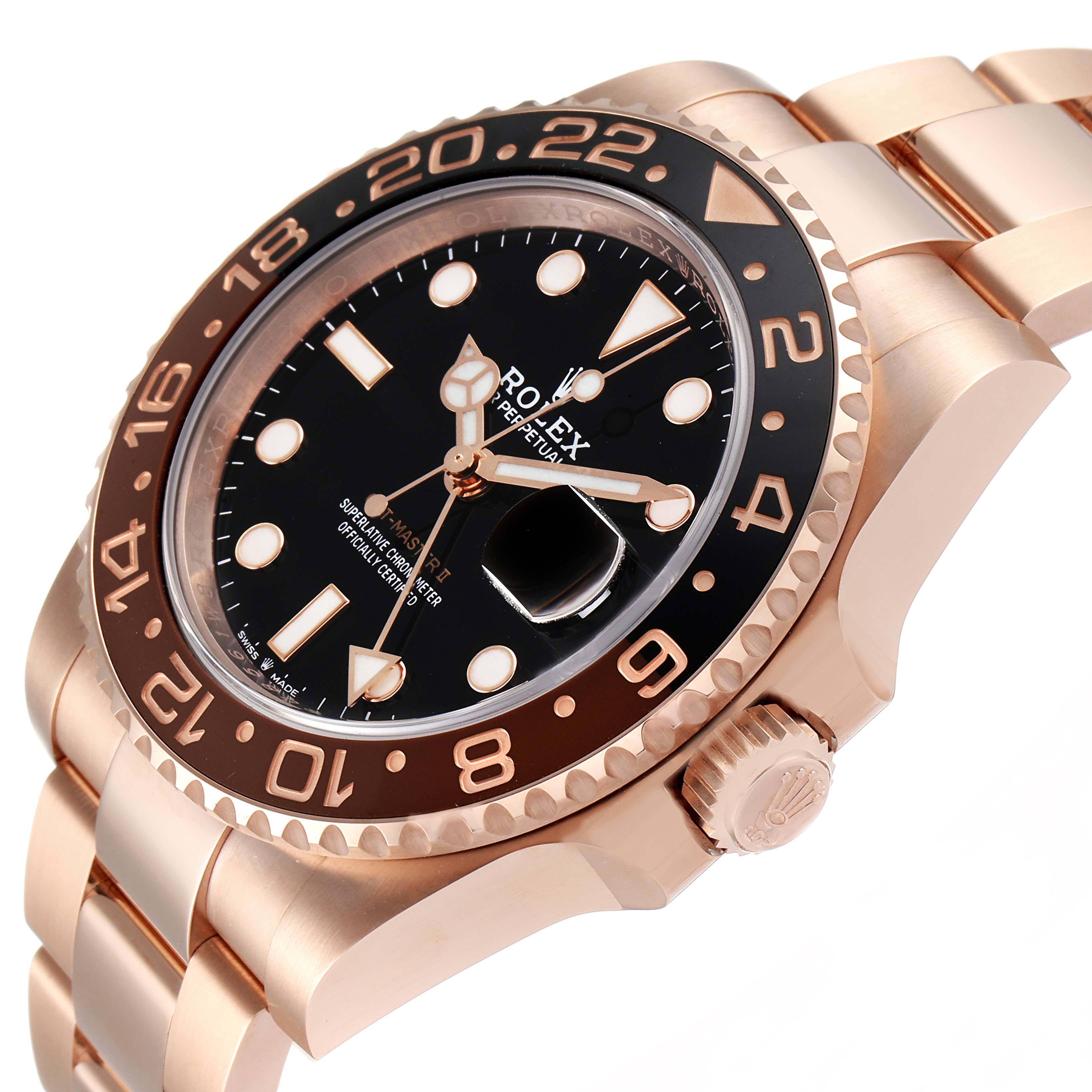 This image shows a close-up, angled view of the Rolex GMT-Master 126715 Men's Rose Gold Black Dial 126715 Men's Rose Gold Black Dial watch, highlighting the bezel, dial, and crown.