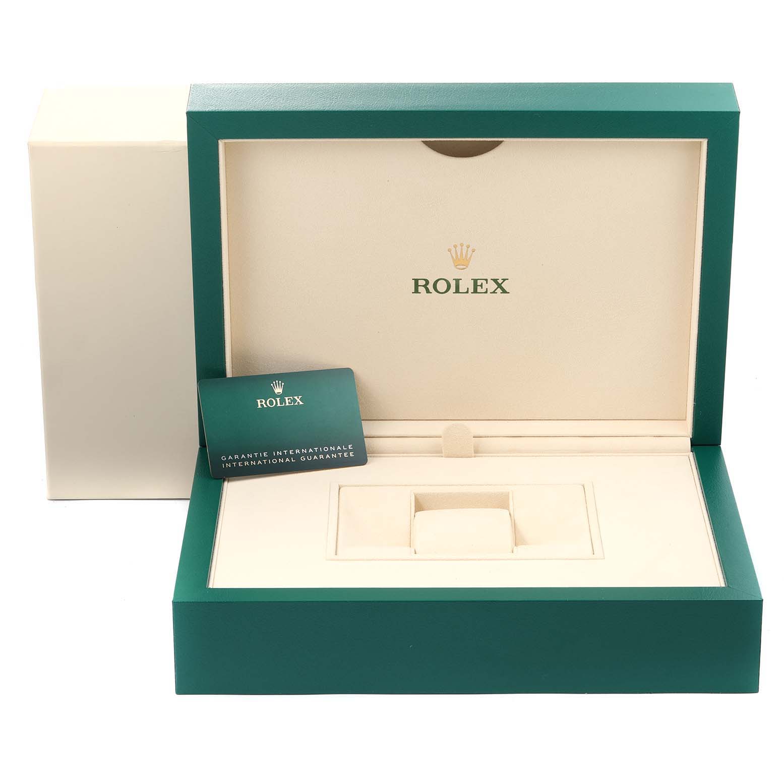 This image shows an open Rolex GMT-Master 126715 Men's Rose Gold Black Dial 126715 Men's Rose Gold Black Dial watch box and an international guarantee card.