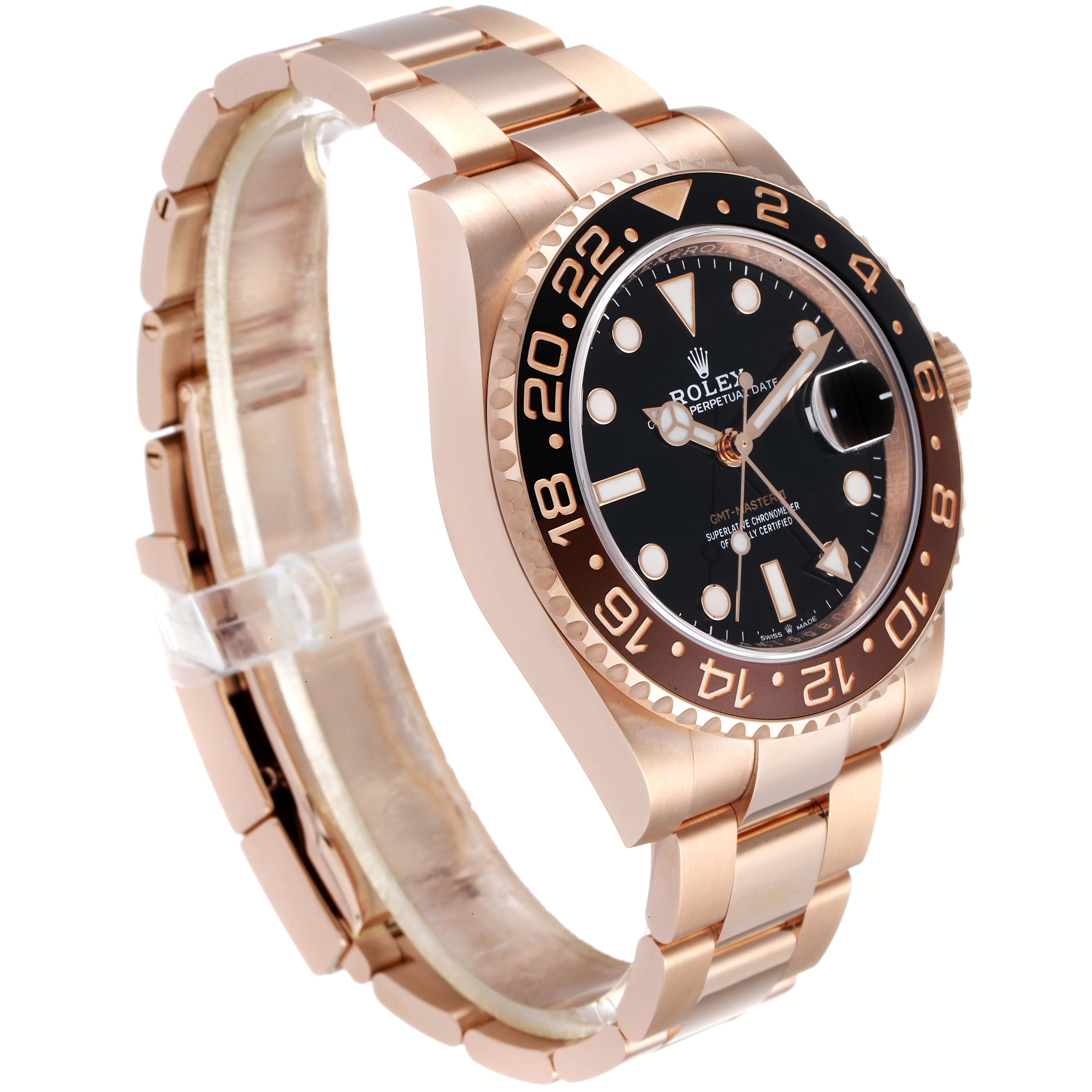 The image shows a side angle of the Rolex GMT-Master 126715 Men's Rose Gold Black Dial 126715 Men's Rose Gold Black Dial watch, highlighting its rose gold case, black bezel, and bracelet.