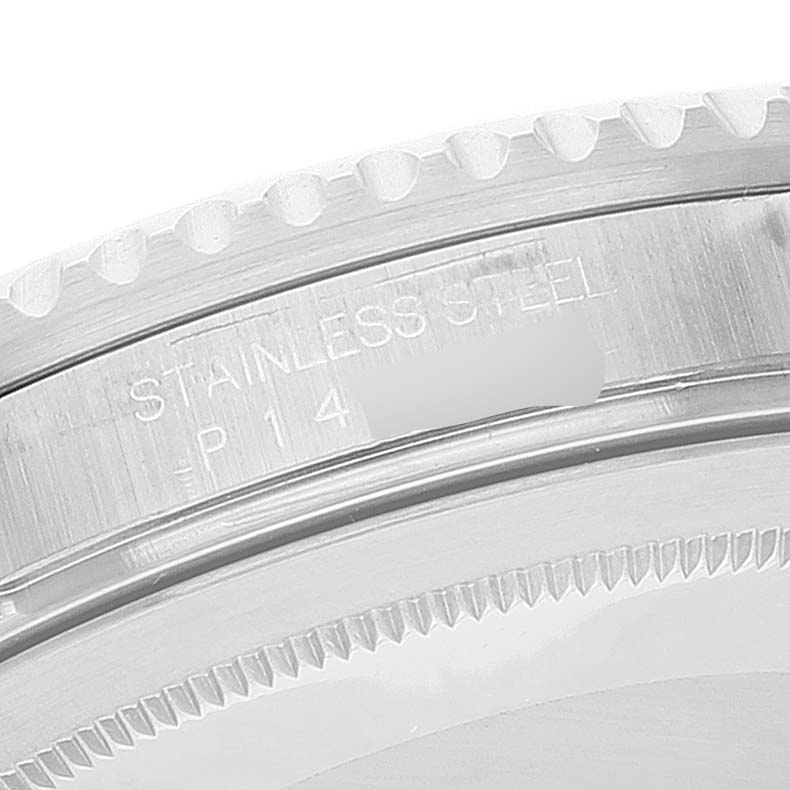 The image shows a close-up of the stainless steel case back of a Rolex GMT-Master 16710 Men
s Stainless Steel Black Dial 16710 Men
s Stainless Steel Black Dial watch.