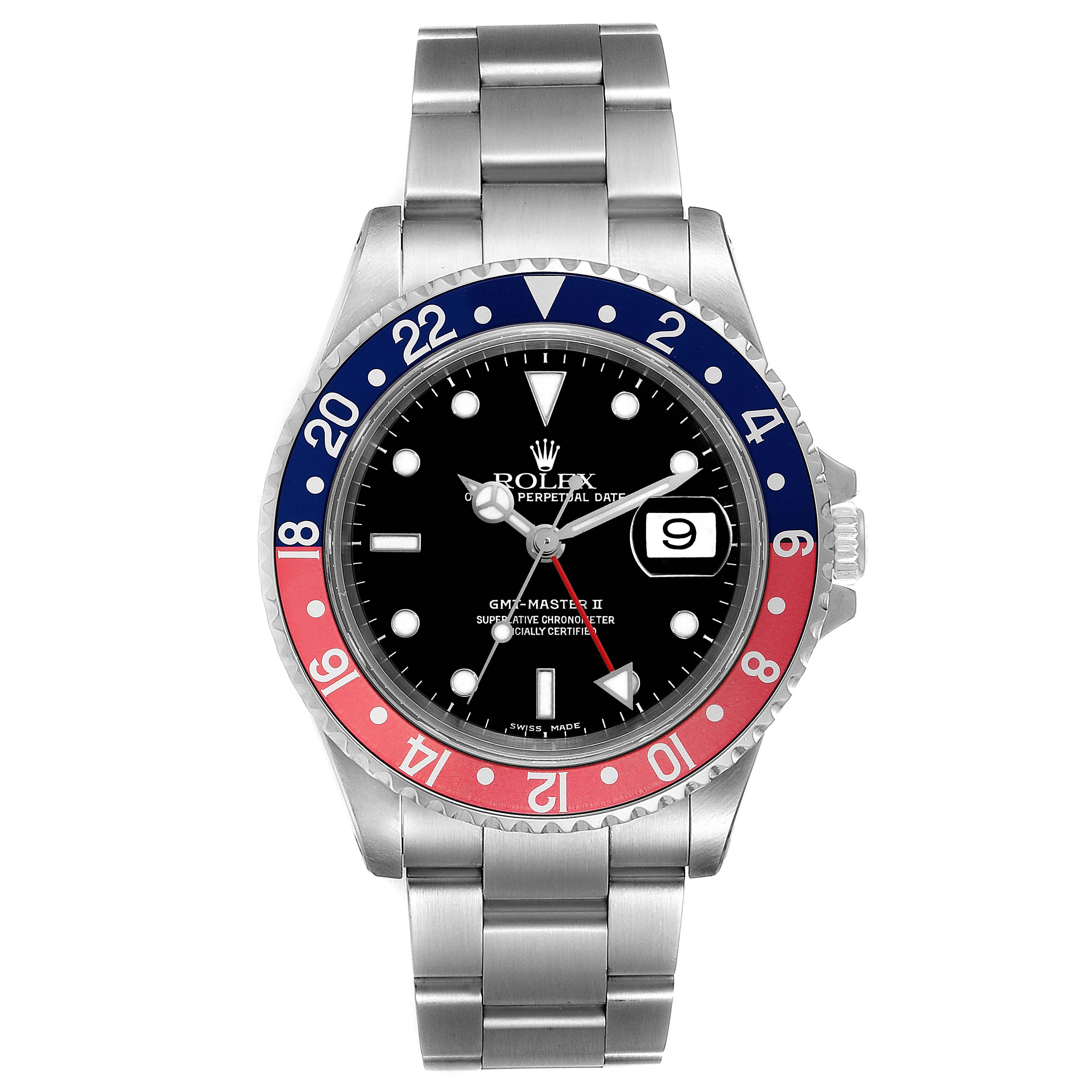 The image shows a front view of a Rolex GMT-Master 16710 Men
s Stainless Steel Black Dial 16710 Men
s Stainless Steel Black Dial II watch, highlighting its bezel, dial, bracelet, and date window.