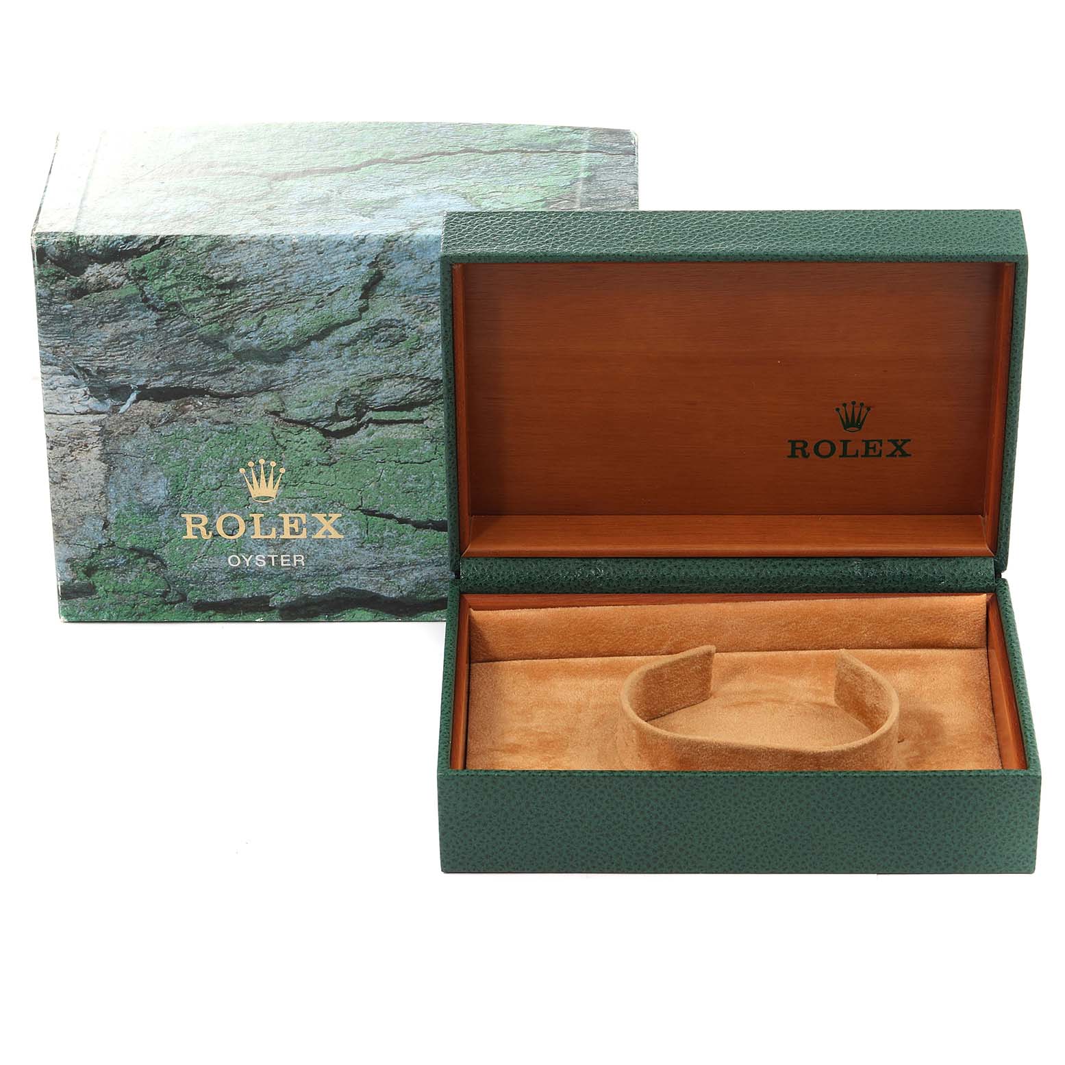 This image shows the packaging and inner box of a Rolex GMT-Master 16710 Men
s Stainless Steel Black Dial 16710 Men
s Stainless Steel Black Dial watch, with the green outer box and wooden interior.