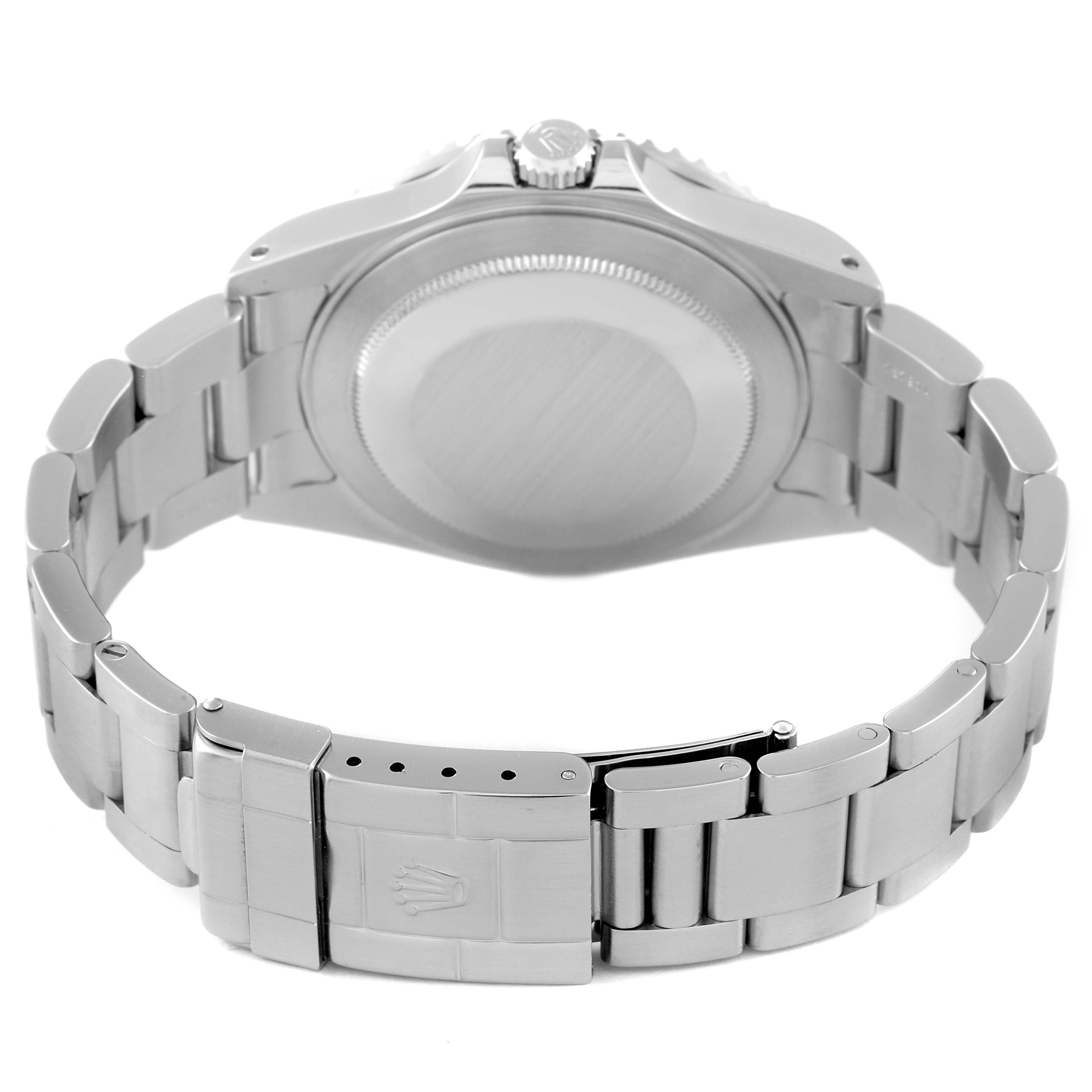 The image shows the back case and bracelet of a Rolex GMT-Master 16710 Men
s Stainless Steel Black Dial 16710 Men
s Stainless Steel Black Dial watch, specifically highlighting the clasp and crown.