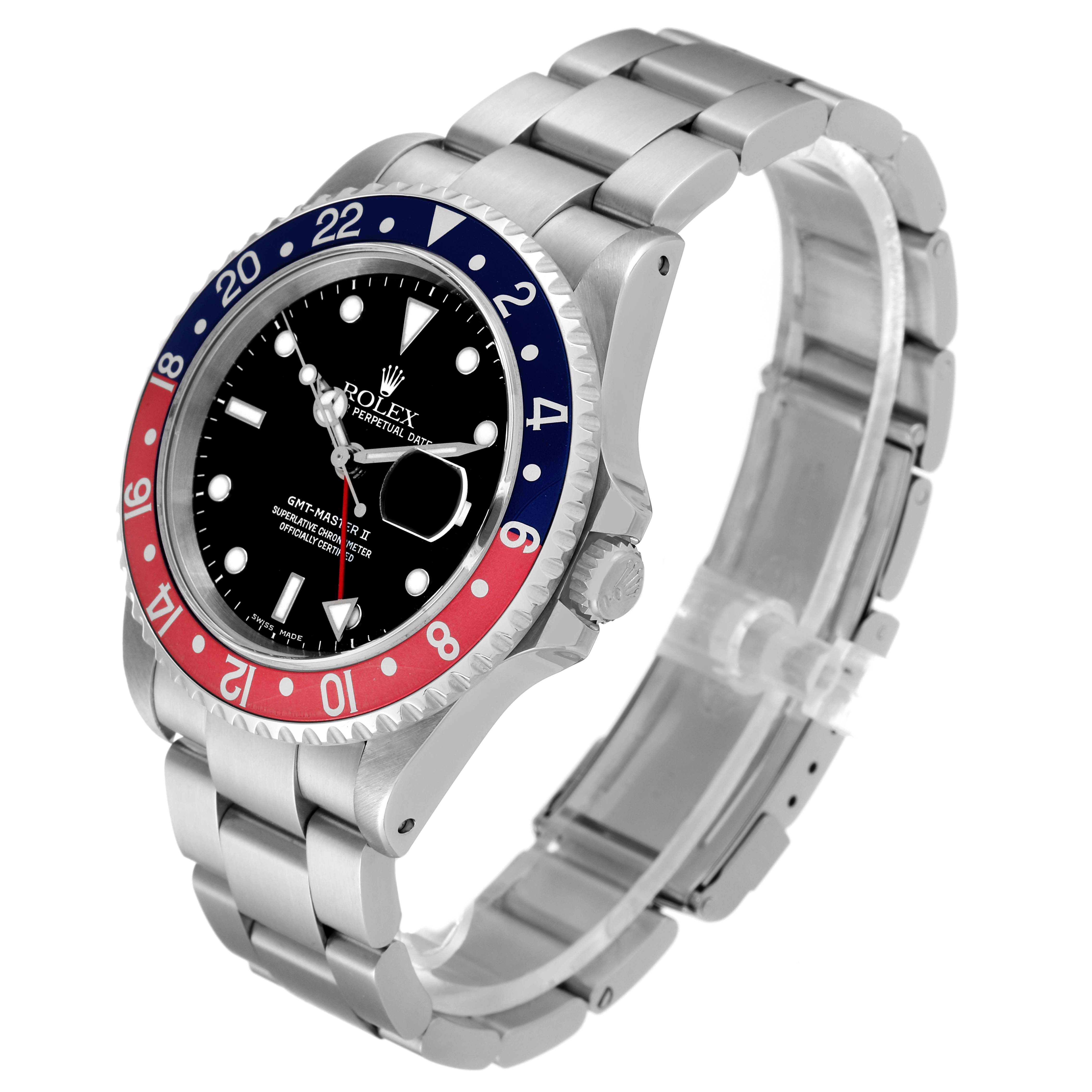 The image shows a Rolex GMT-Master 16710 Men
s Stainless Steel Black Dial 16710 Men
s Stainless Steel Black Dial watch with a stainless steel bracelet and a black dial at an angled side view.