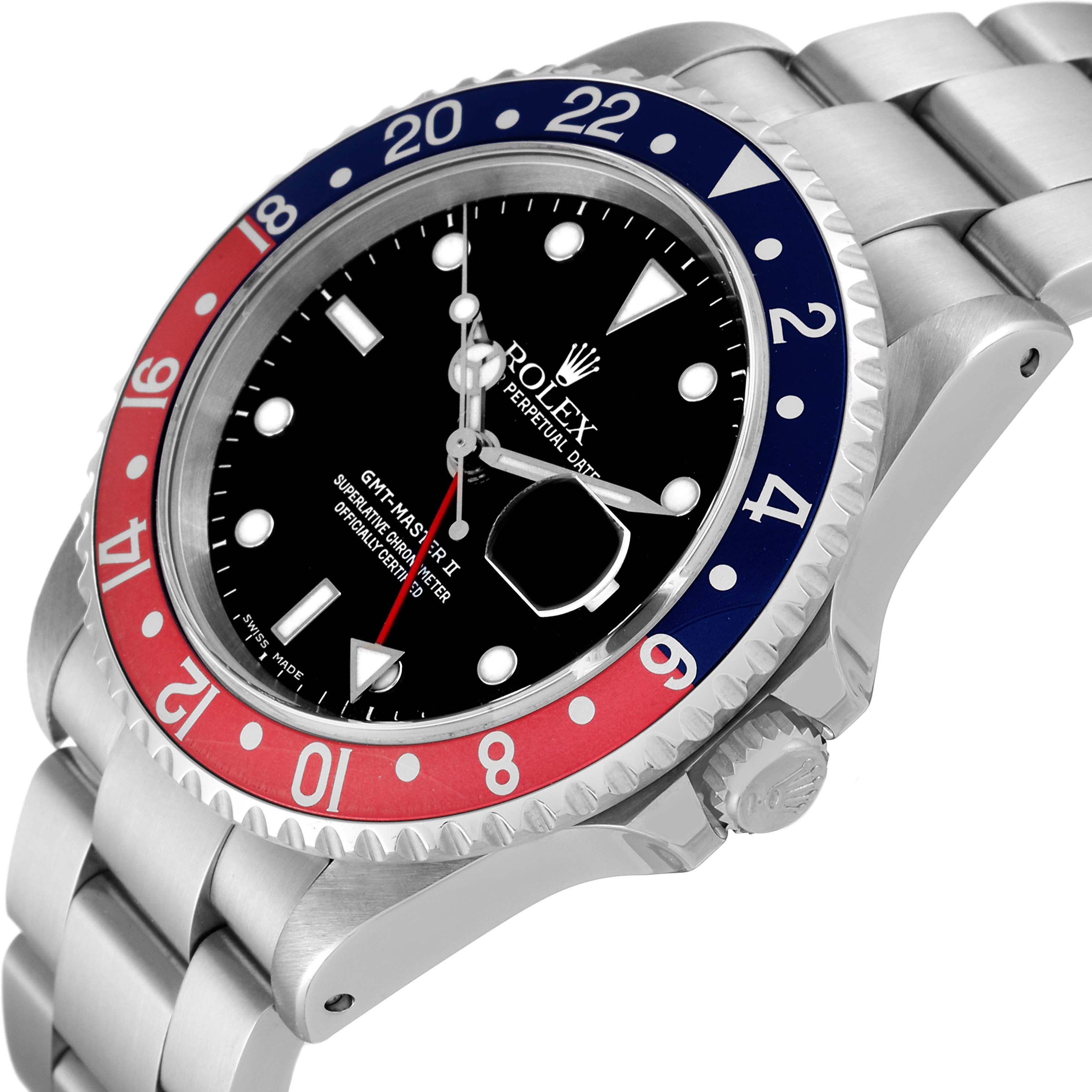 The Rolex GMT-Master 16710 Men
s Stainless Steel Black Dial 16710 Men
s Stainless Steel Black Dial II watch is shown at a tilted angle, detailing the bezel, crown, bracelet, and dial.