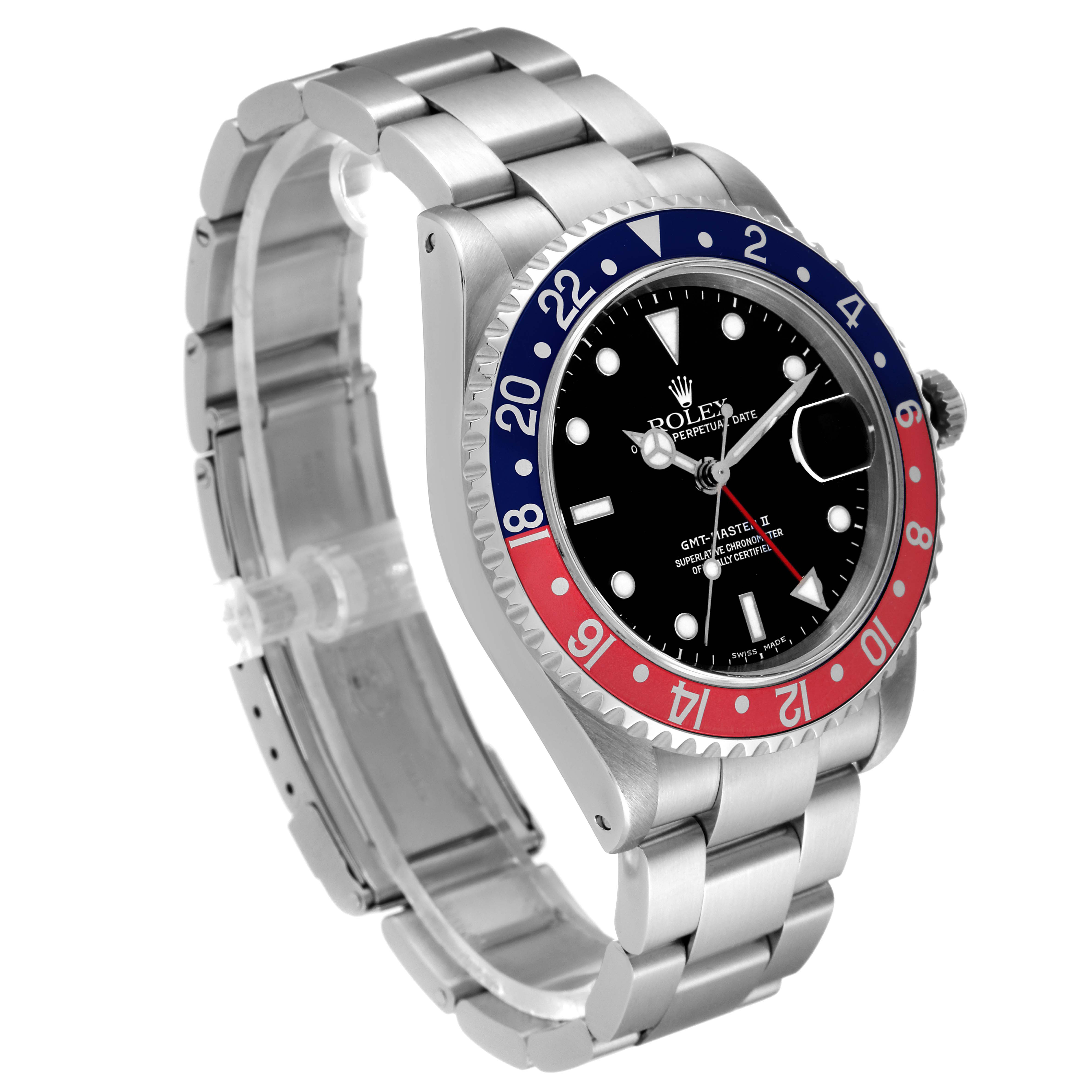 The image shows a Rolex GMT-Master 16710 Men
s Stainless Steel Black Dial 16710 Men
s Stainless Steel Black Dial watch at an angle displaying the face, bezel, crown, and bracelet links.
