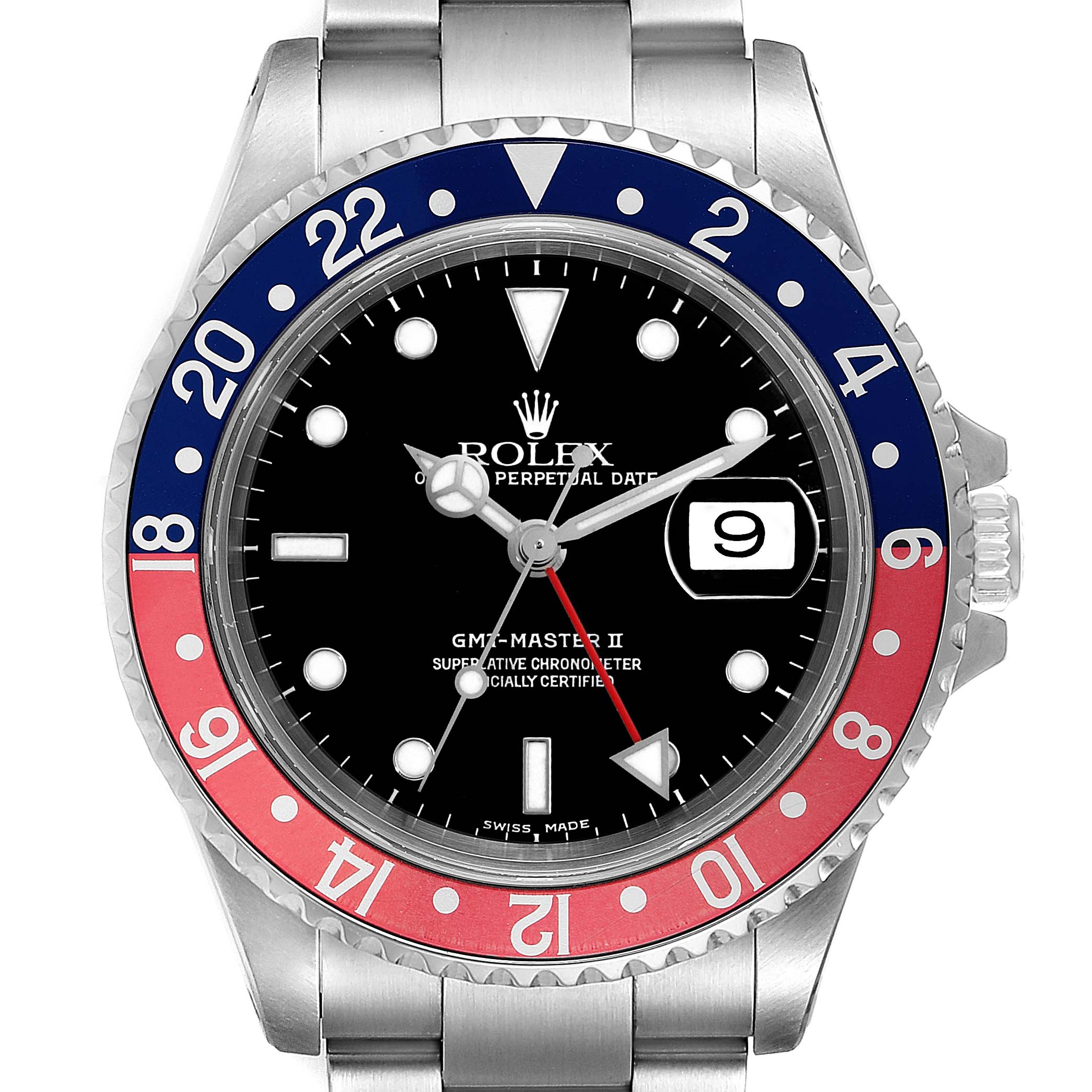 This is a front view of a Rolex GMT-Master 16710 Men
s Stainless Steel Black Dial 16710 Men
s Stainless Steel Black Dial II watch showing the bezel, dial, hands, and date window.