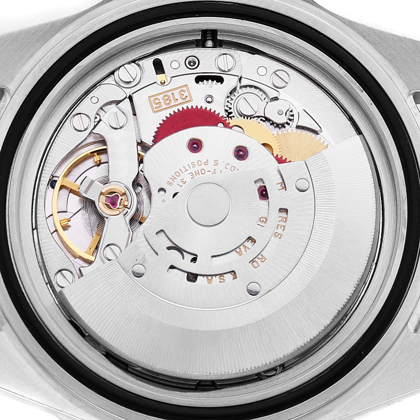 The image shows the internal mechanical movement of a Rolex GMT-Master 16710 Men
s Stainless Steel Black Dial 16710 Men
s Stainless Steel Black Dial watch from a top-down view.