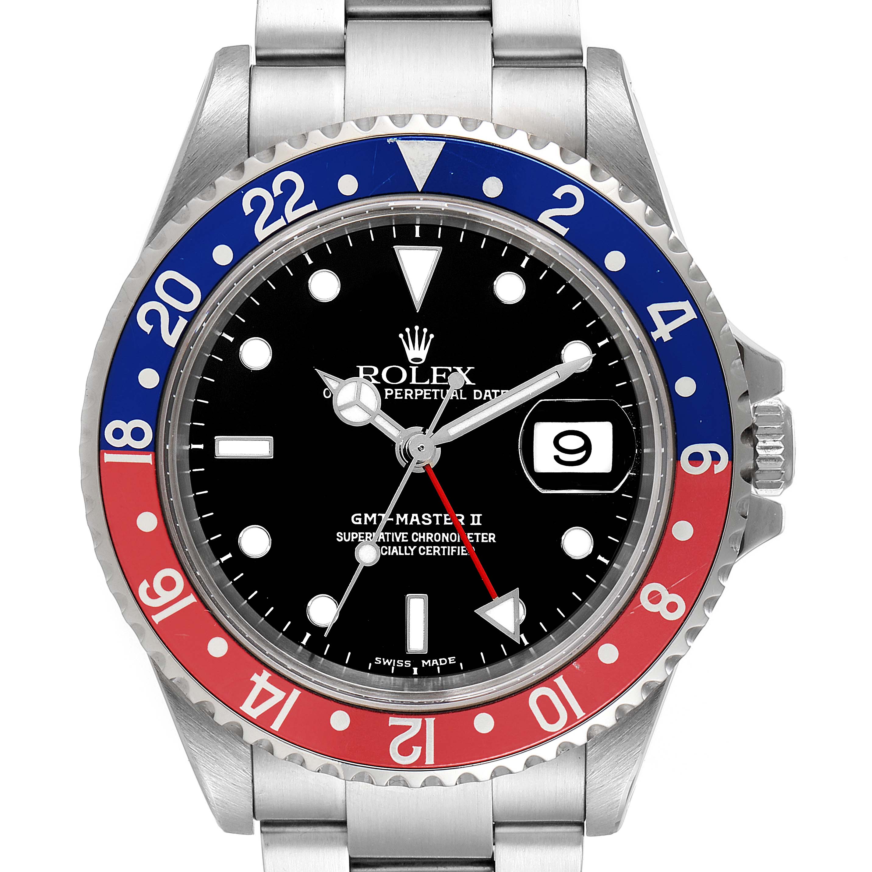 This photo shows a front view of a Rolex GMT-Master 16710 Men
s Stainless Steel Black Dial 16710 Men
s Stainless Steel Black Dial II with a red and blue bezel, black dial, and stainless steel bracelet.